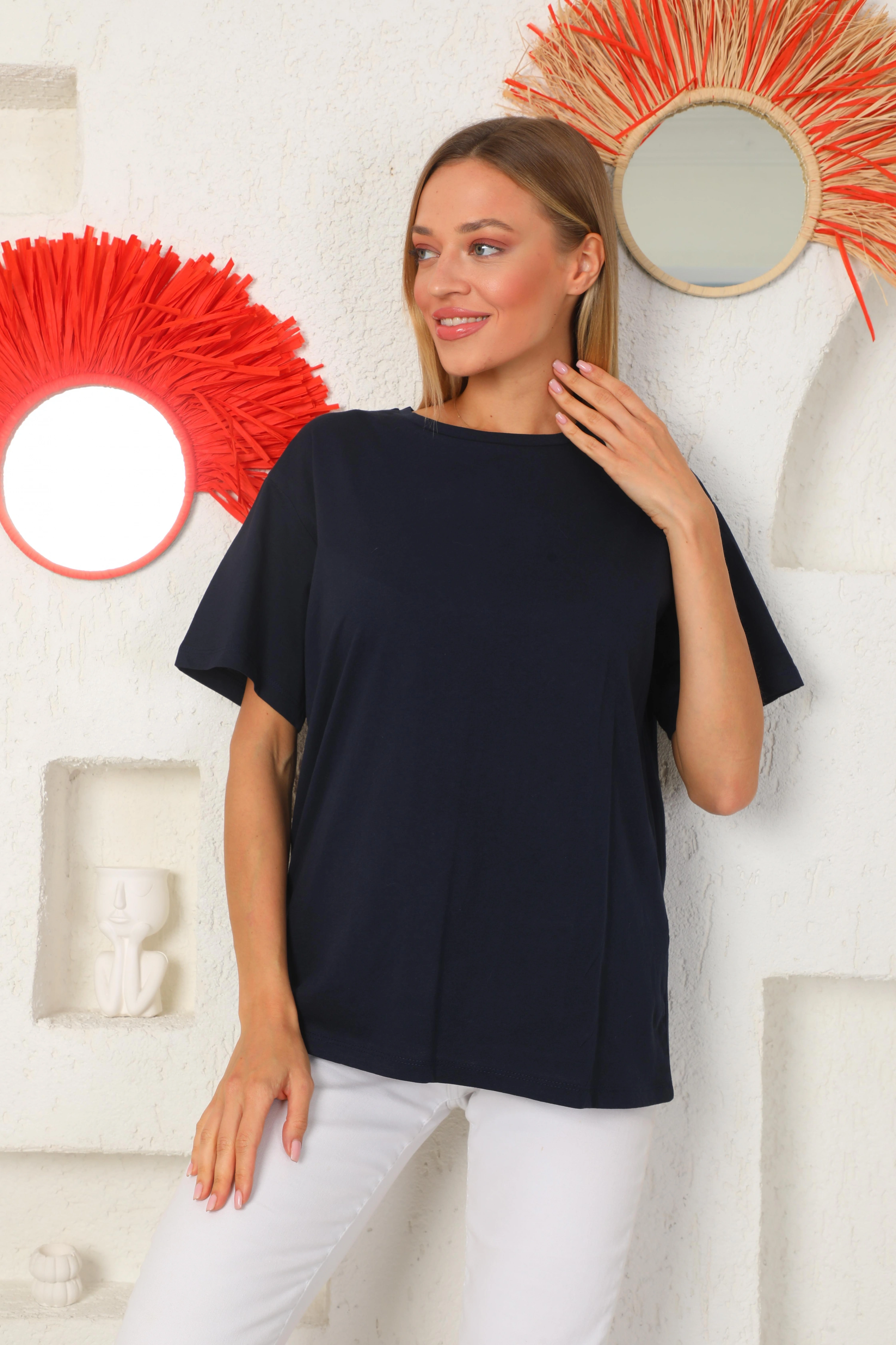 Lacivert Arkası Baskılı Oversize Tişört