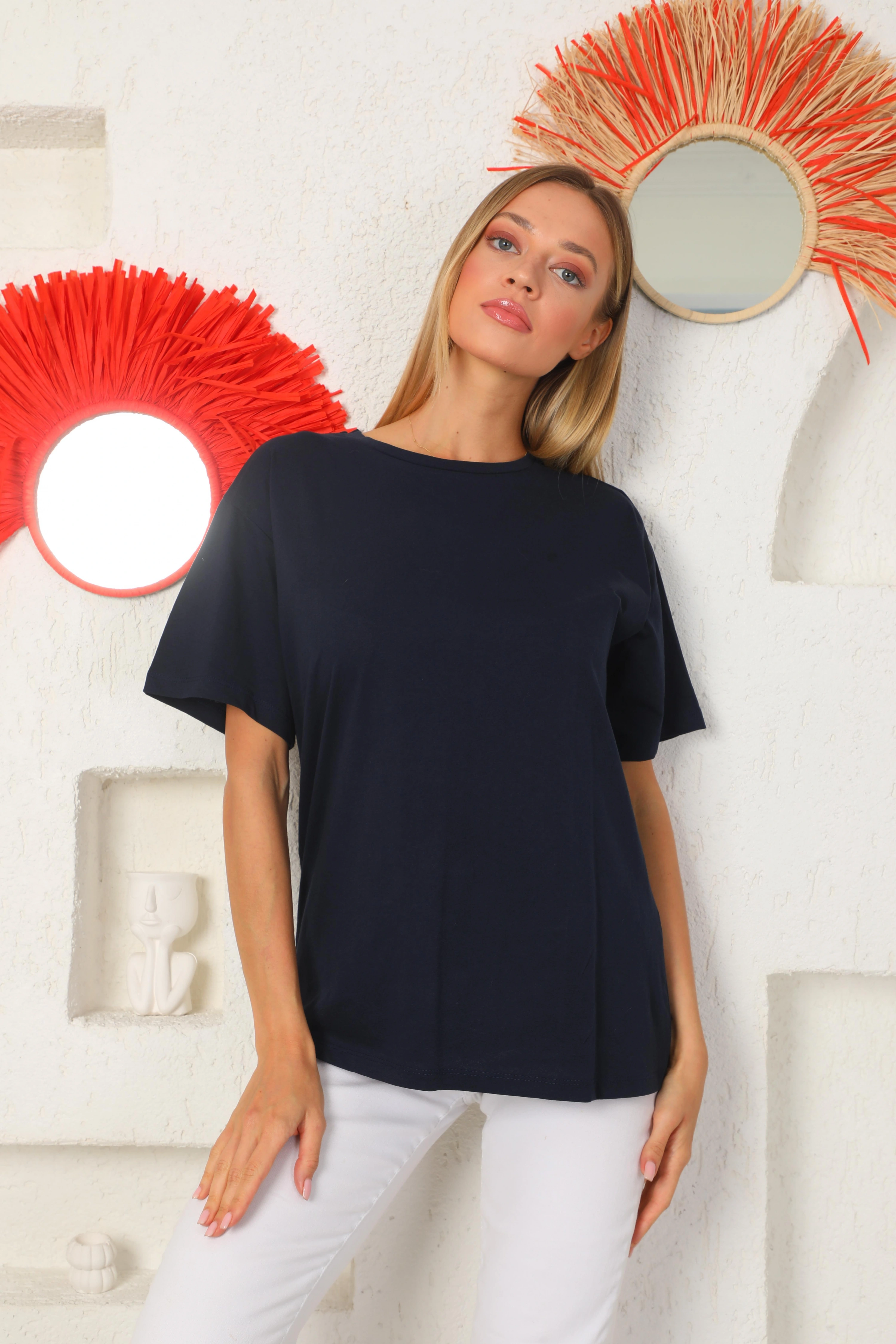 Lacivert Arkası Baskılı Oversize Tişört