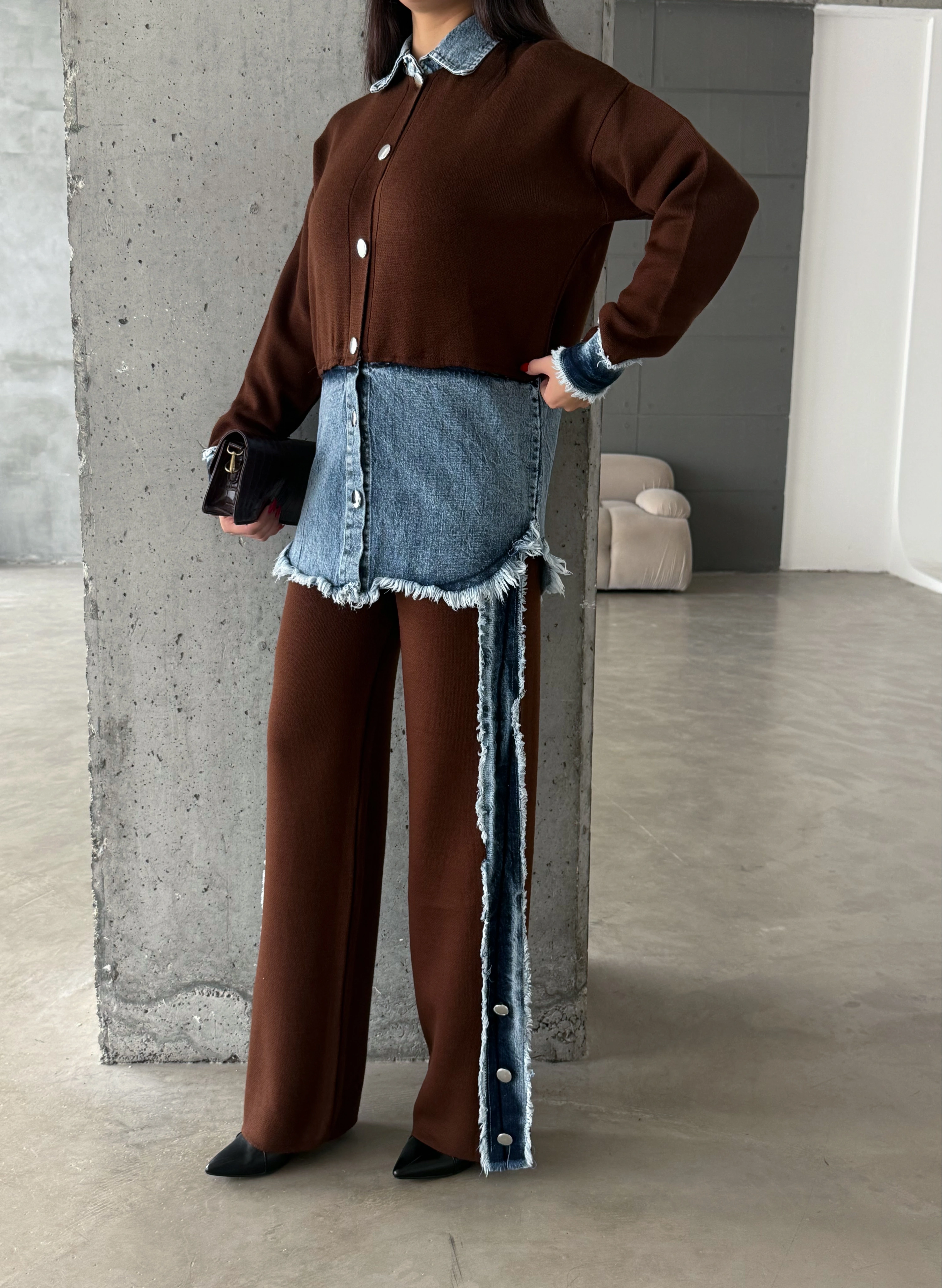 Pullaps Kot Garnili Pantolonlu Triko Takım Kahve