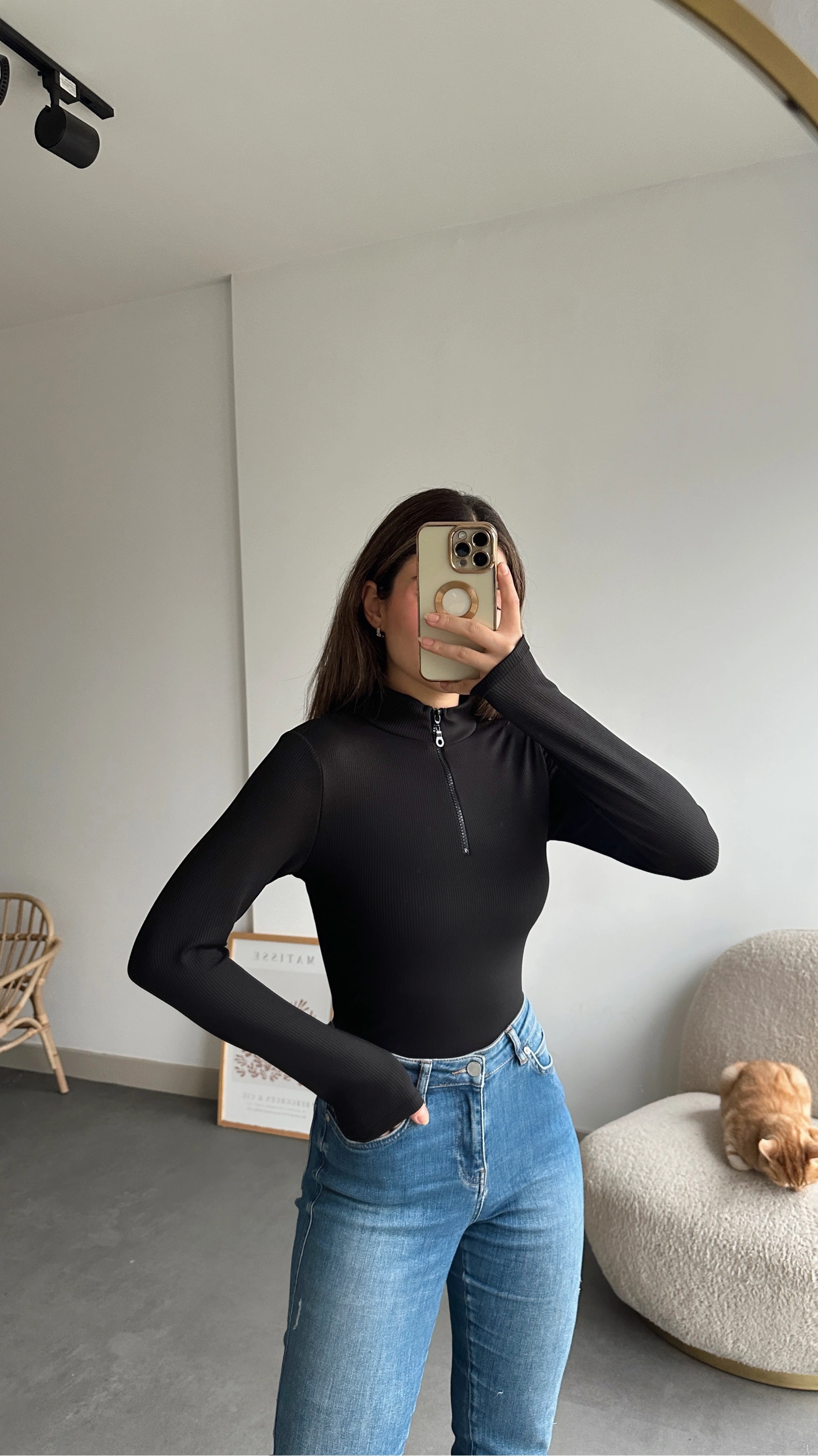 Pullaps Önü Fermuarlı Bluz Siyah