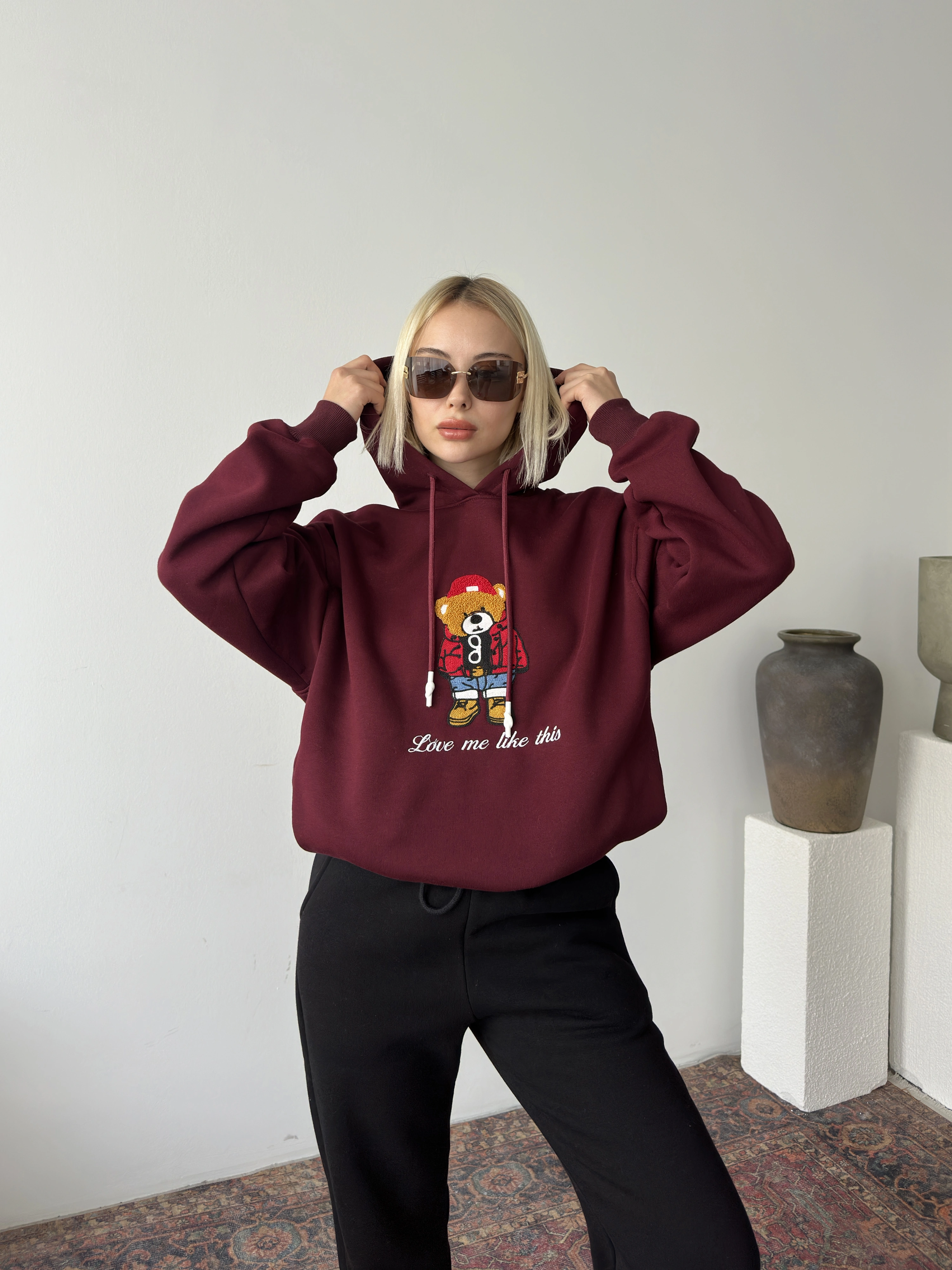 Pullaps Üç İplik Kapşonlu Cepli Sweat Bordo