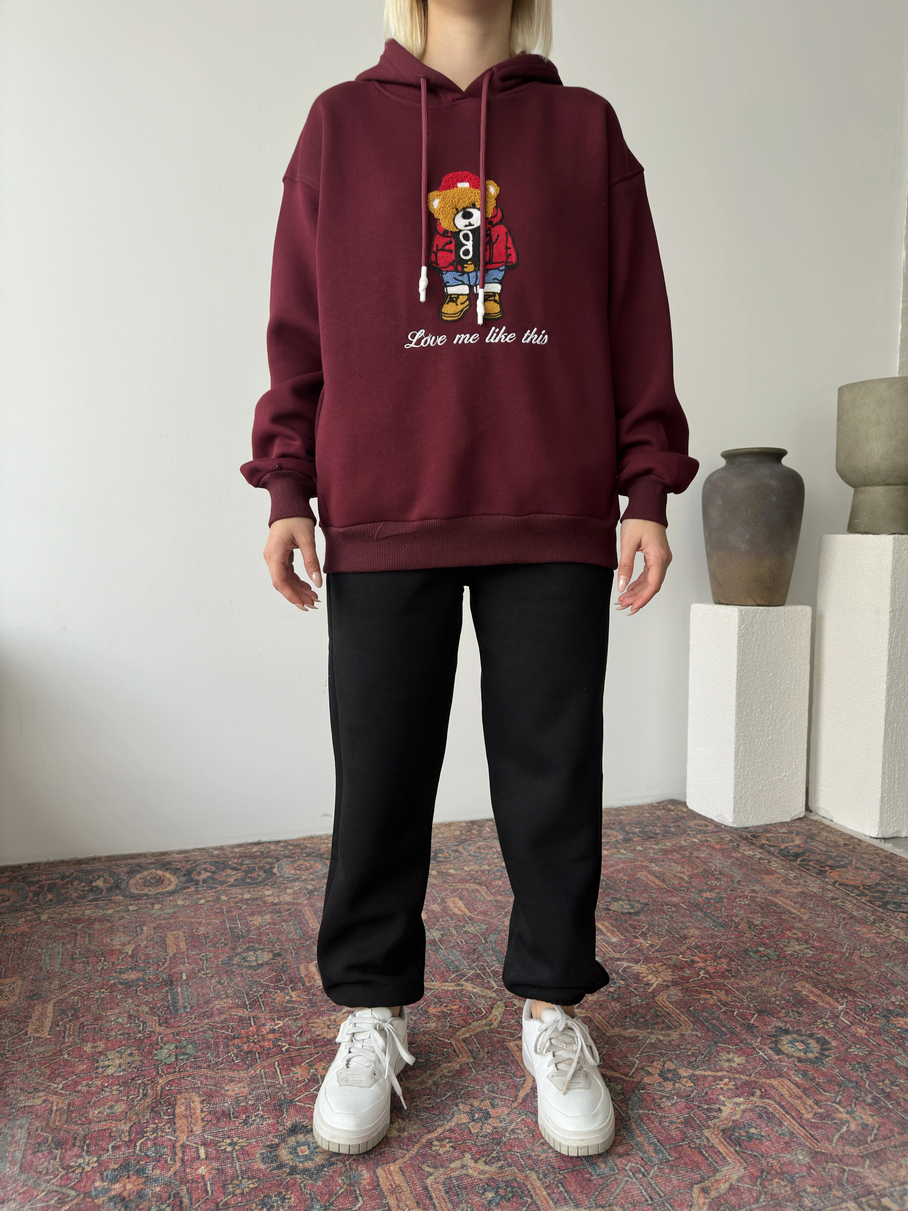 Pullaps Üç İplik Kapşonlu Cepli Sweat Bordo