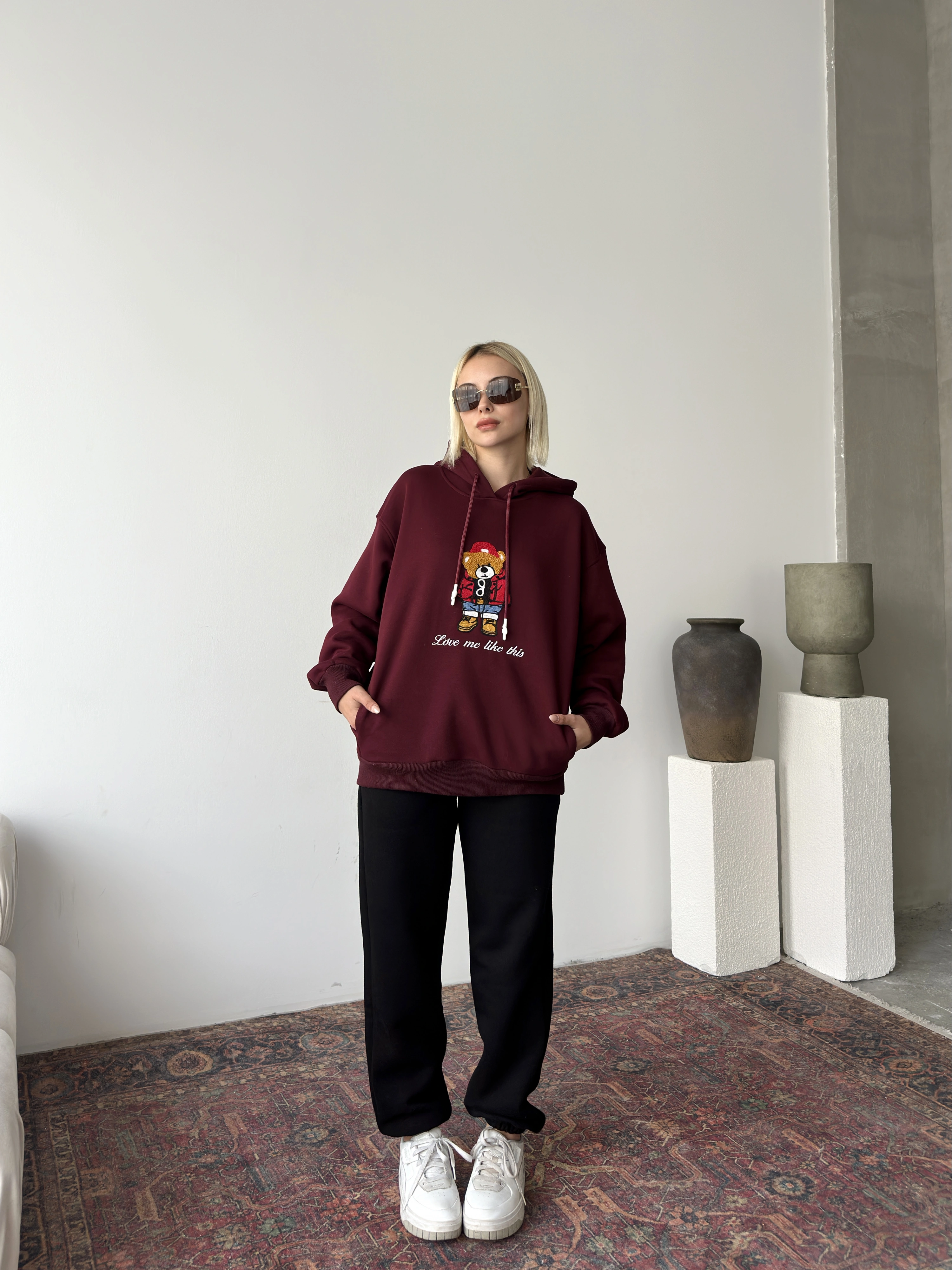 Pullaps Üç İplik Kapşonlu Cepli Sweat Bordo