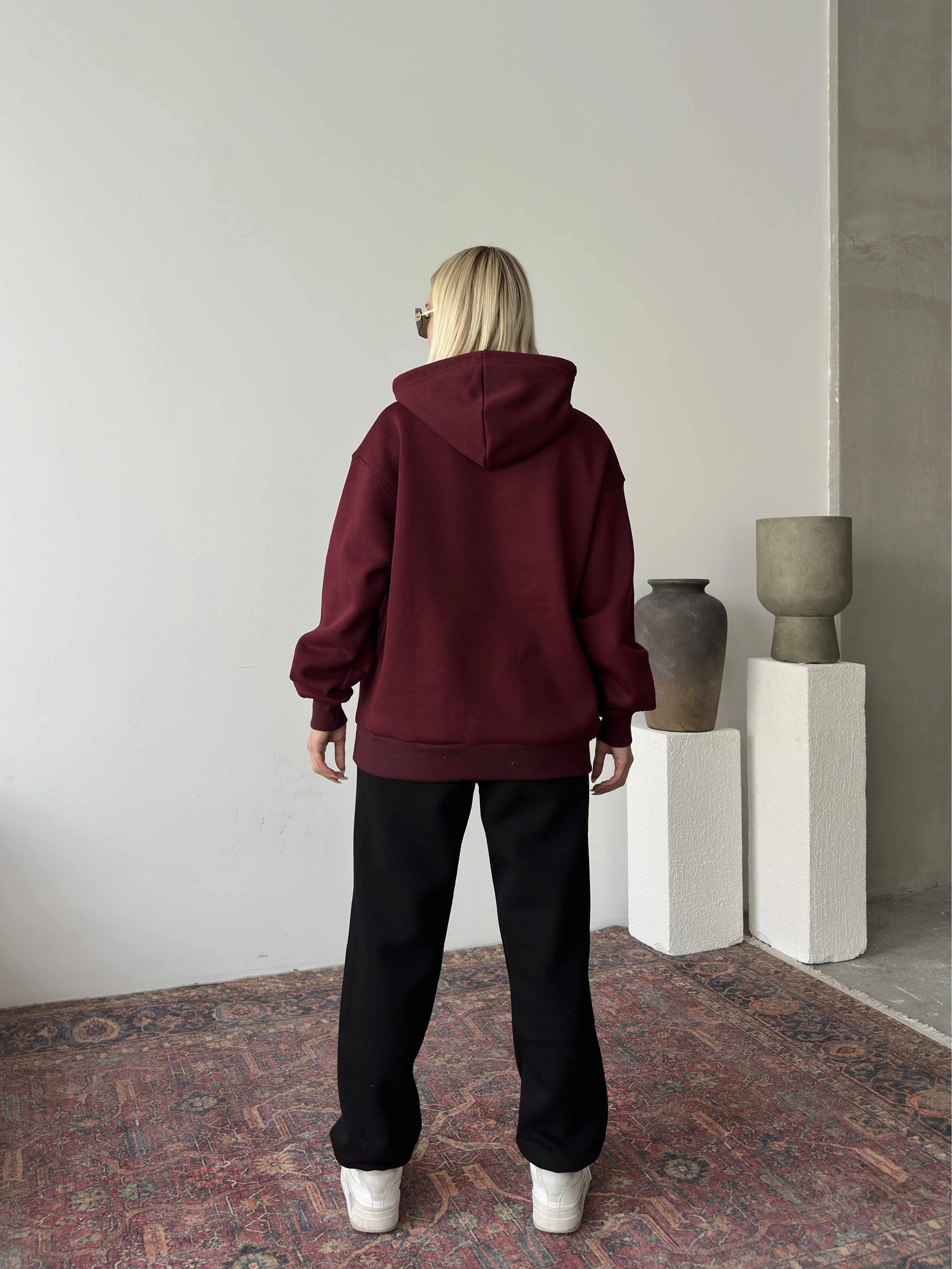 Pullaps Üç İplik Kapşonlu Cepli Sweat Bordo