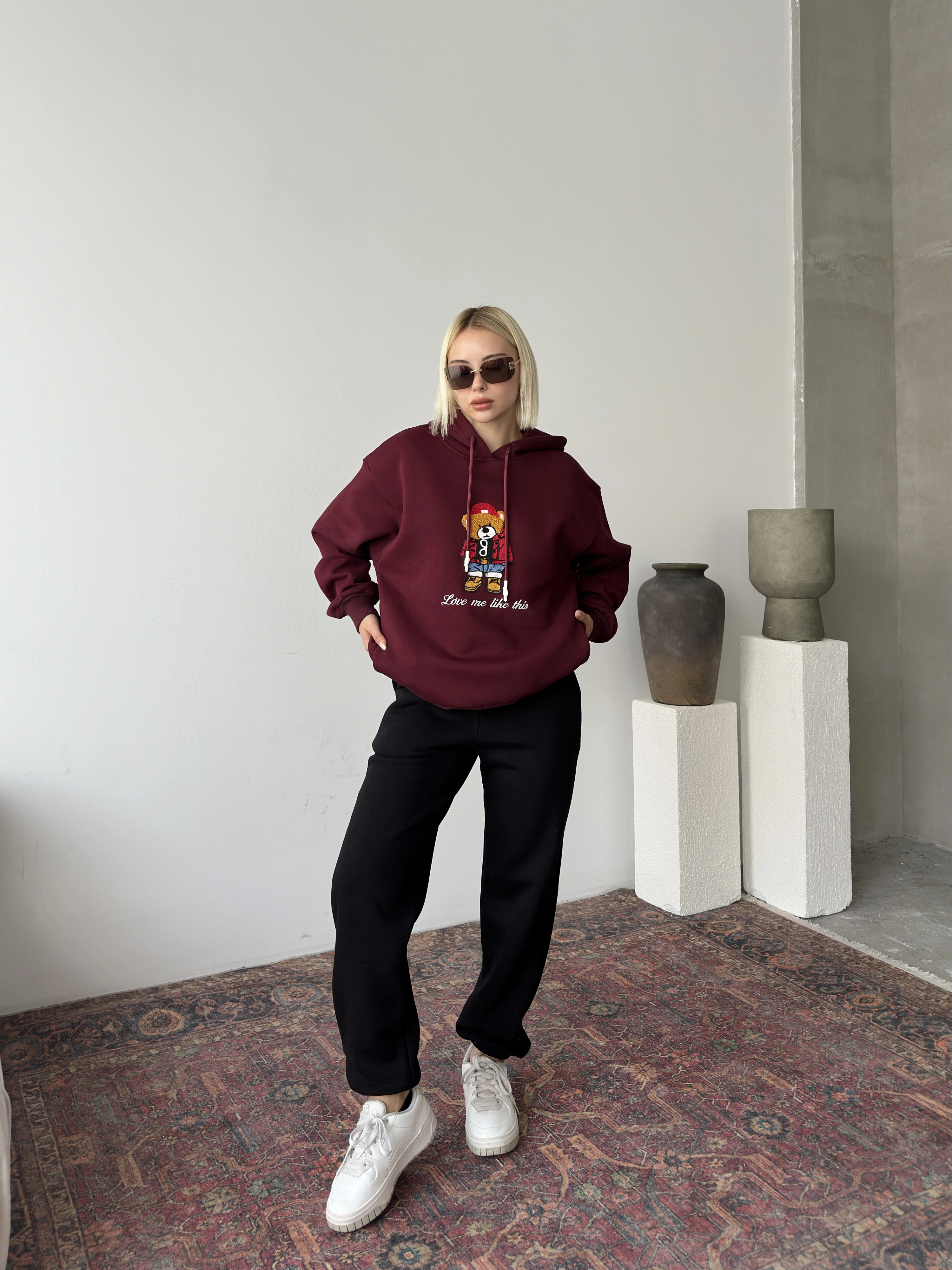 Pullaps Üç İplik Kapşonlu Cepli Sweat Bordo