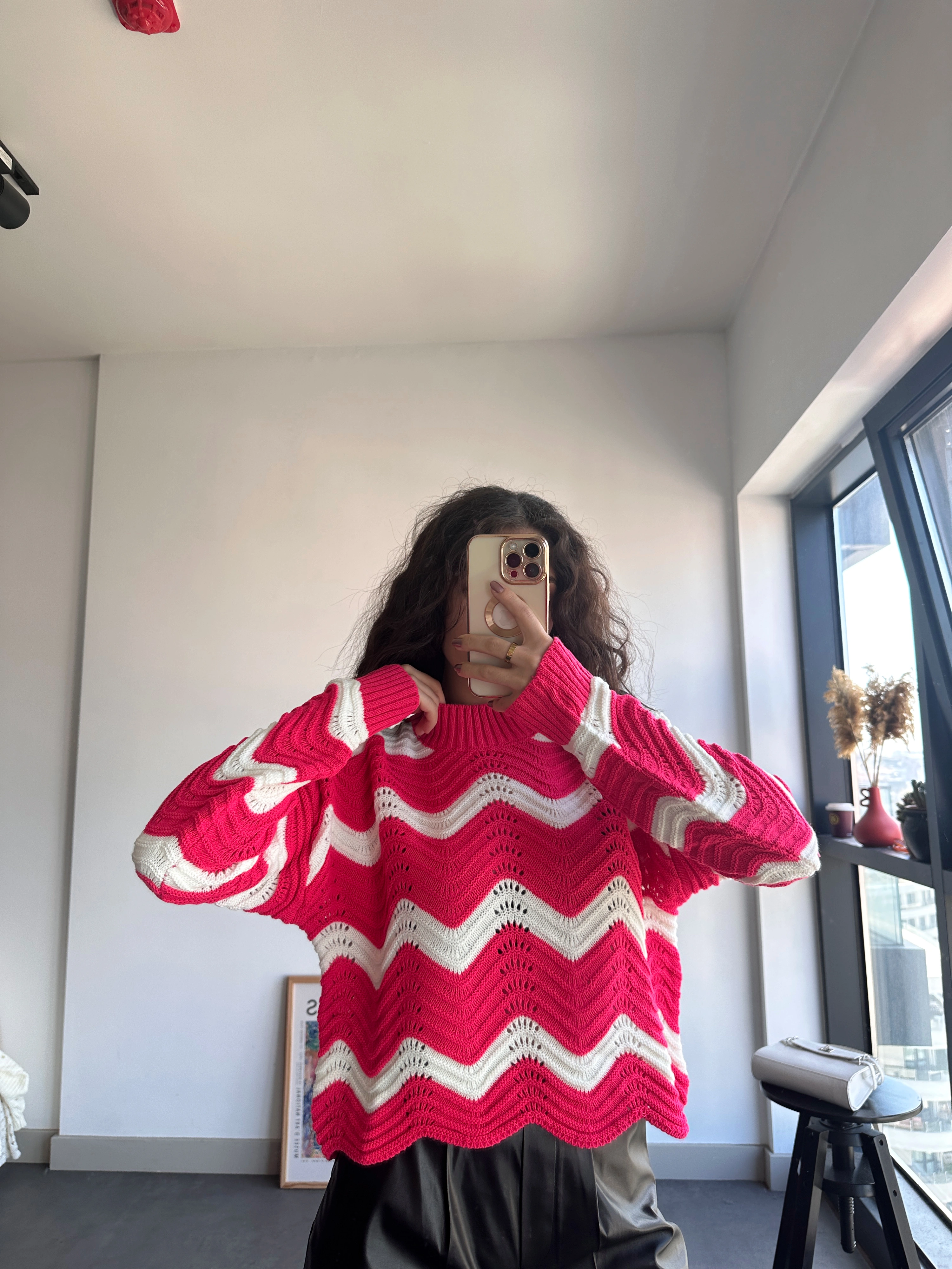 Pullaps Zikzak Çizgili Desenli Triko Kazak Pembe