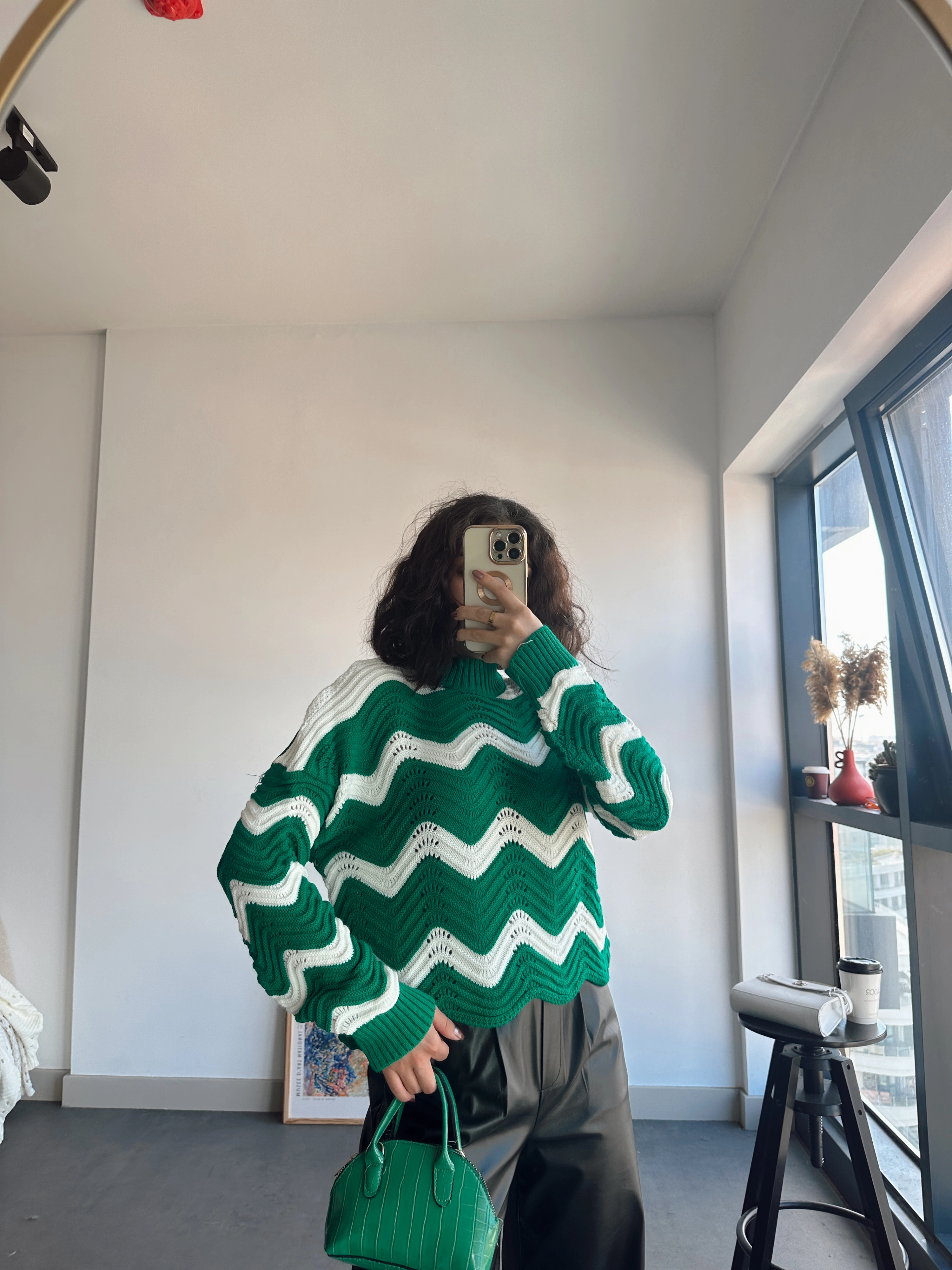 Pullaps Zikzak Çizgili Desenli Triko Kazak Yeşil