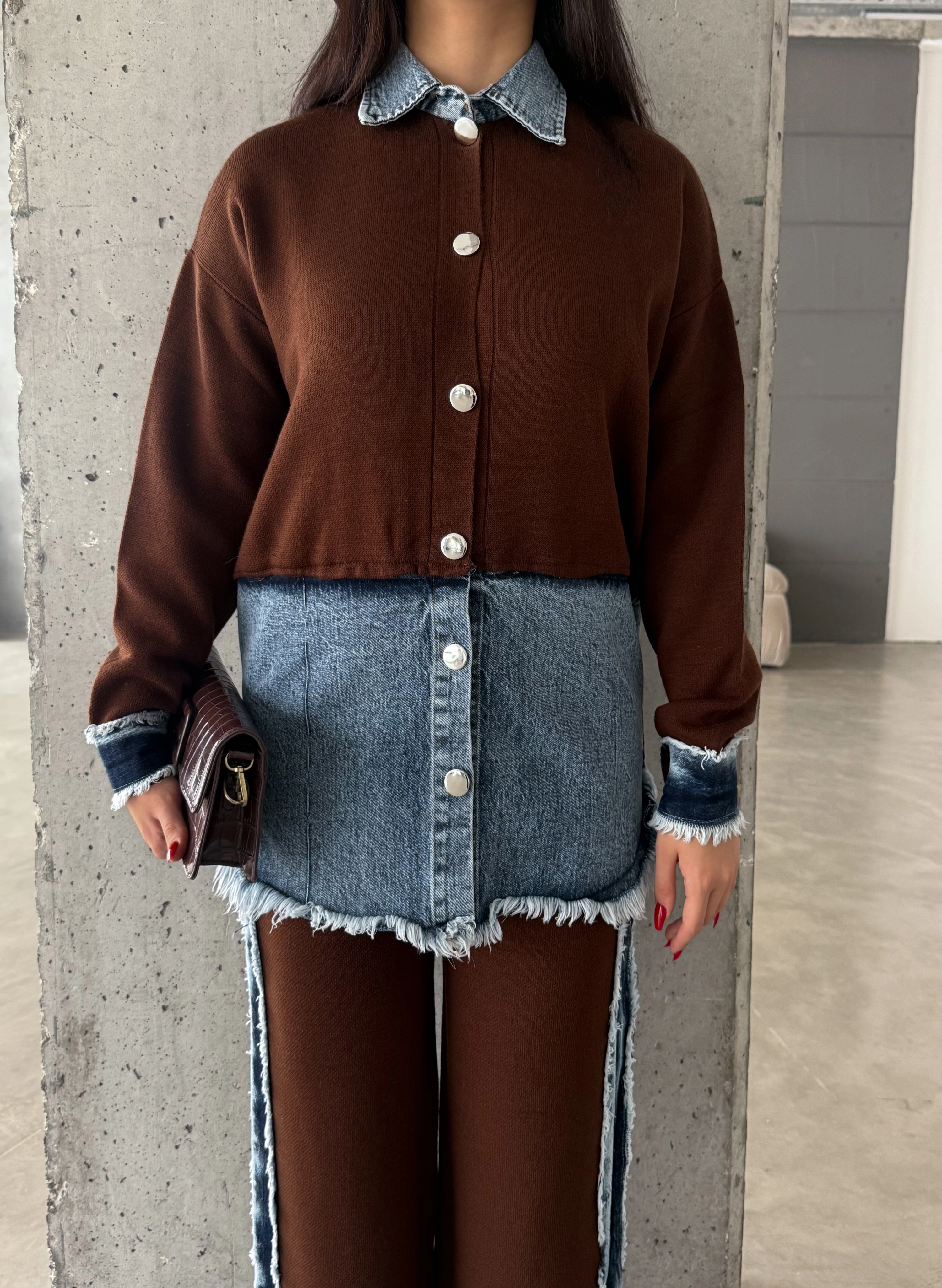 Pullaps Kot Garnili Pantolonlu Triko Takım Kahve