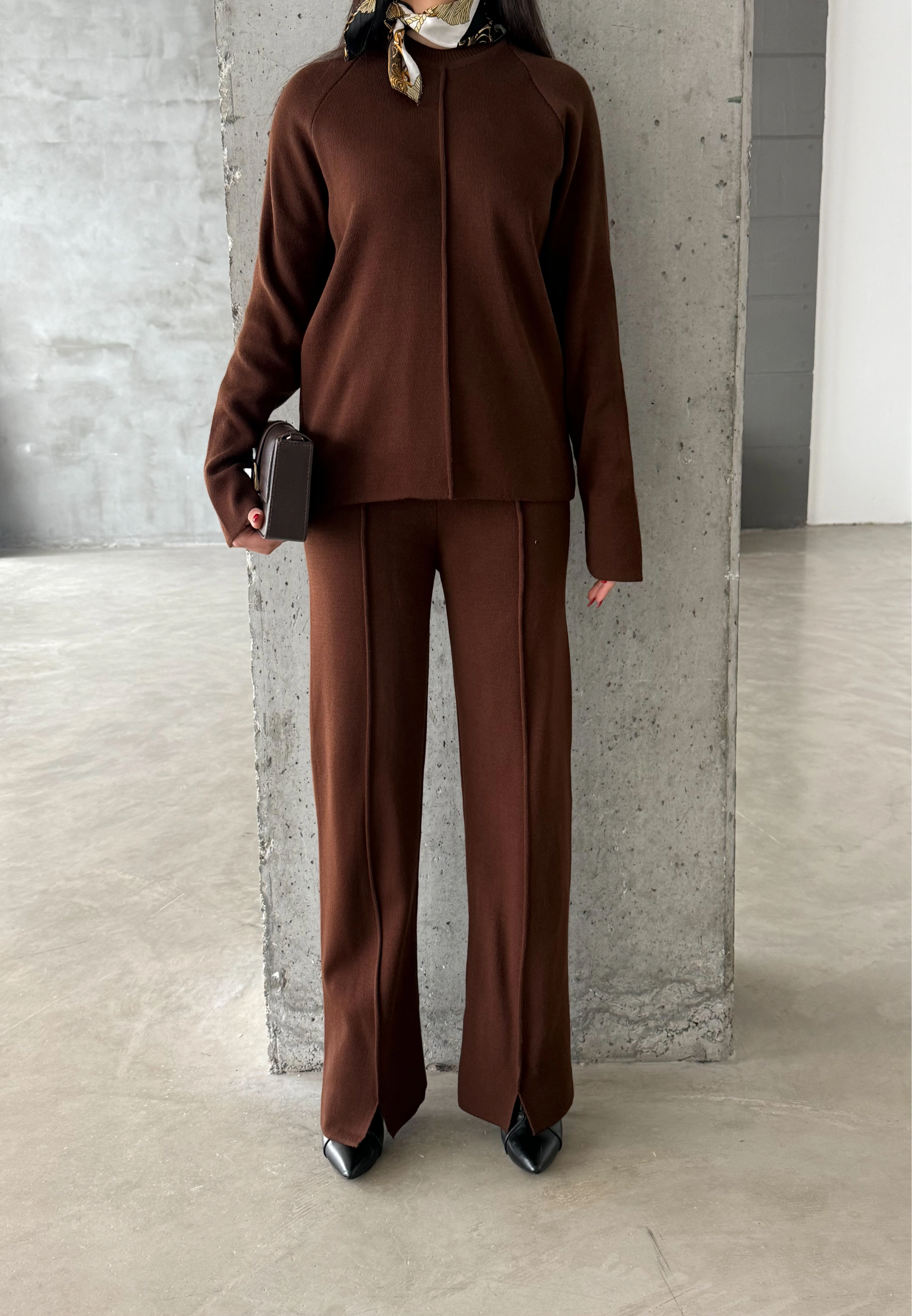 Pullaps Çımalı Triko Takım Kahve