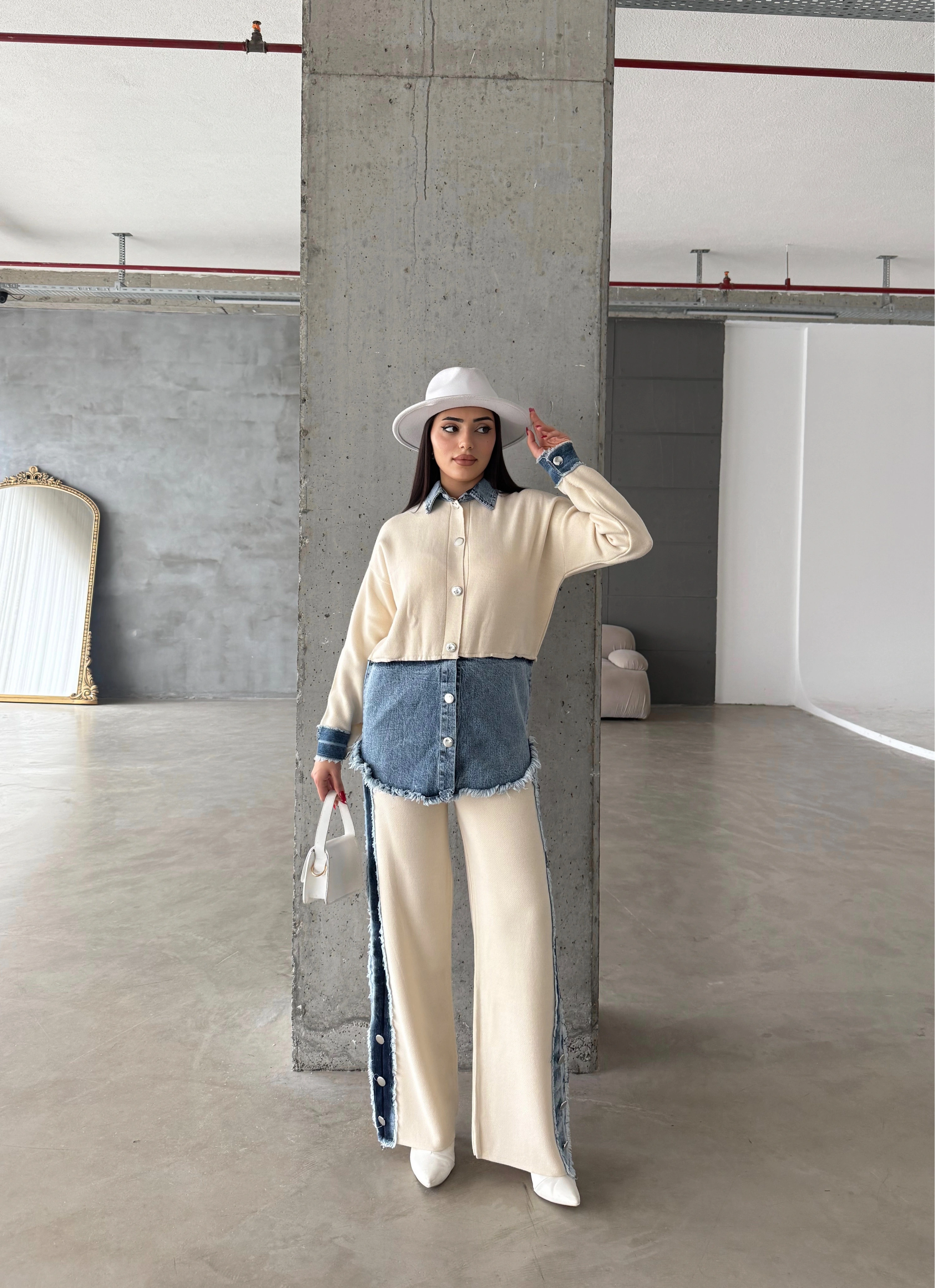 Pullaps Kot Garnili Pantolonlu Triko Takım Krem