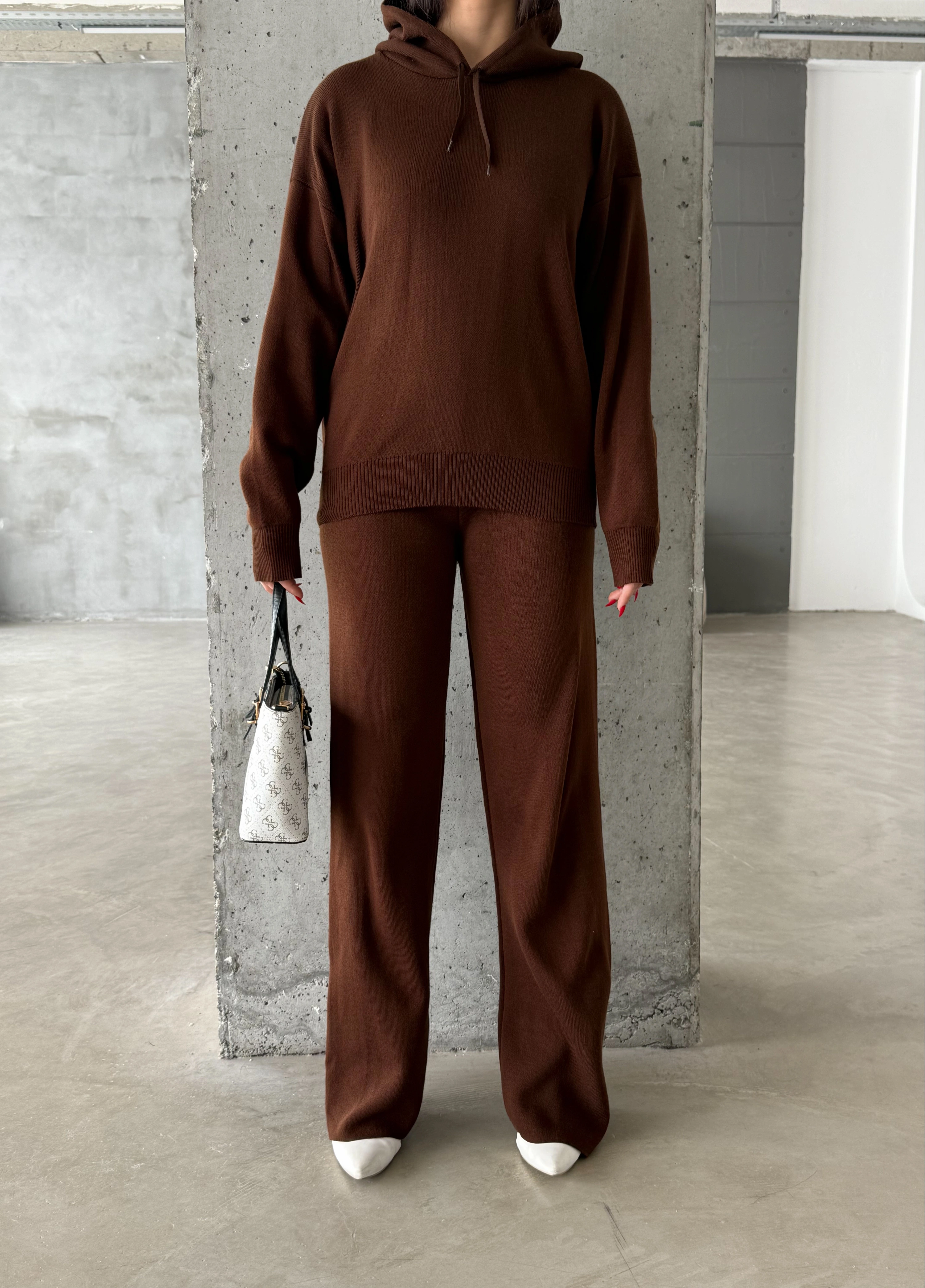 Pullaps Kapşonlu Triko Takım Kahve