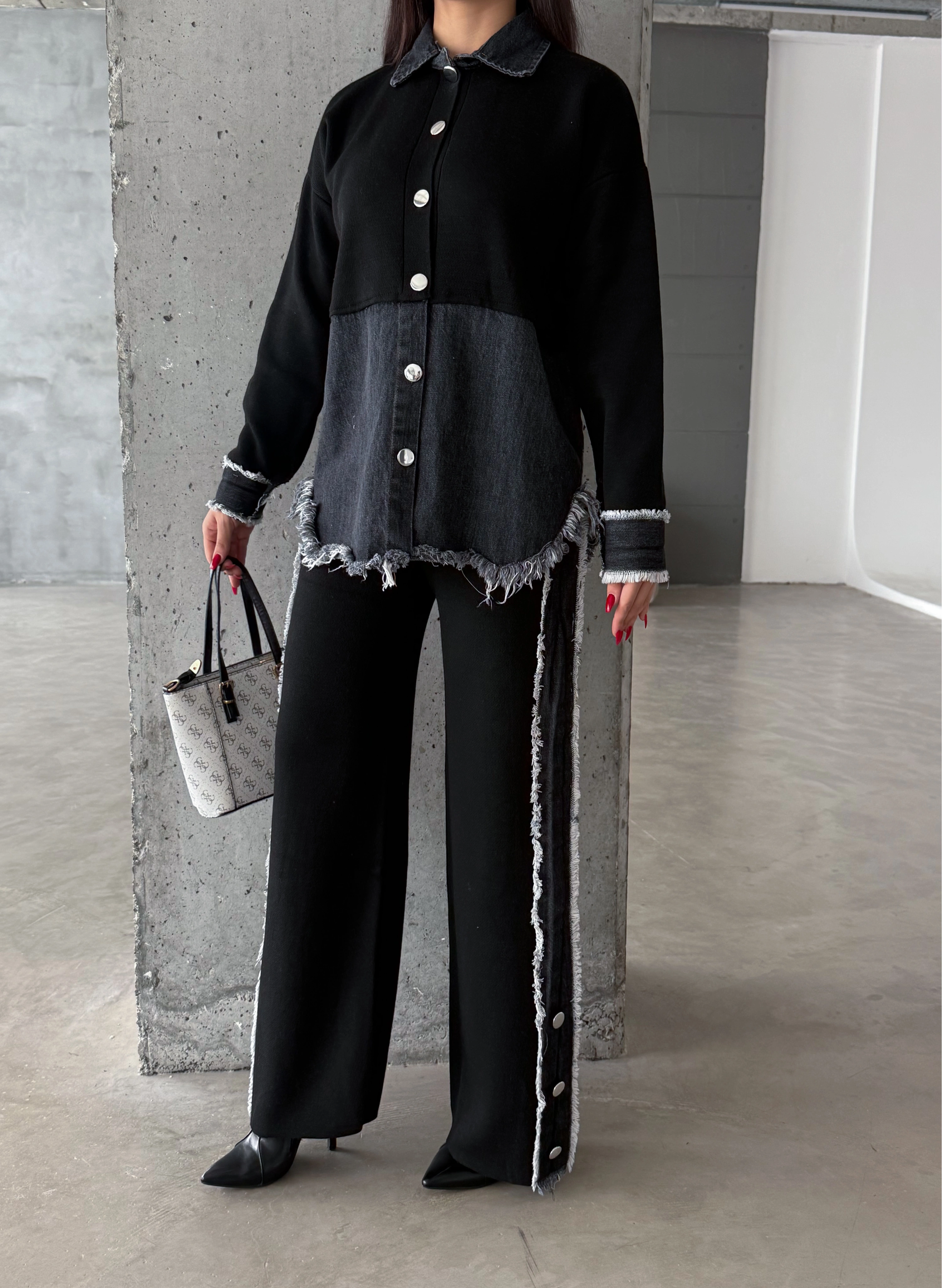 Pullaps Kot Garnili Pantolonlu Triko Takım Siyah