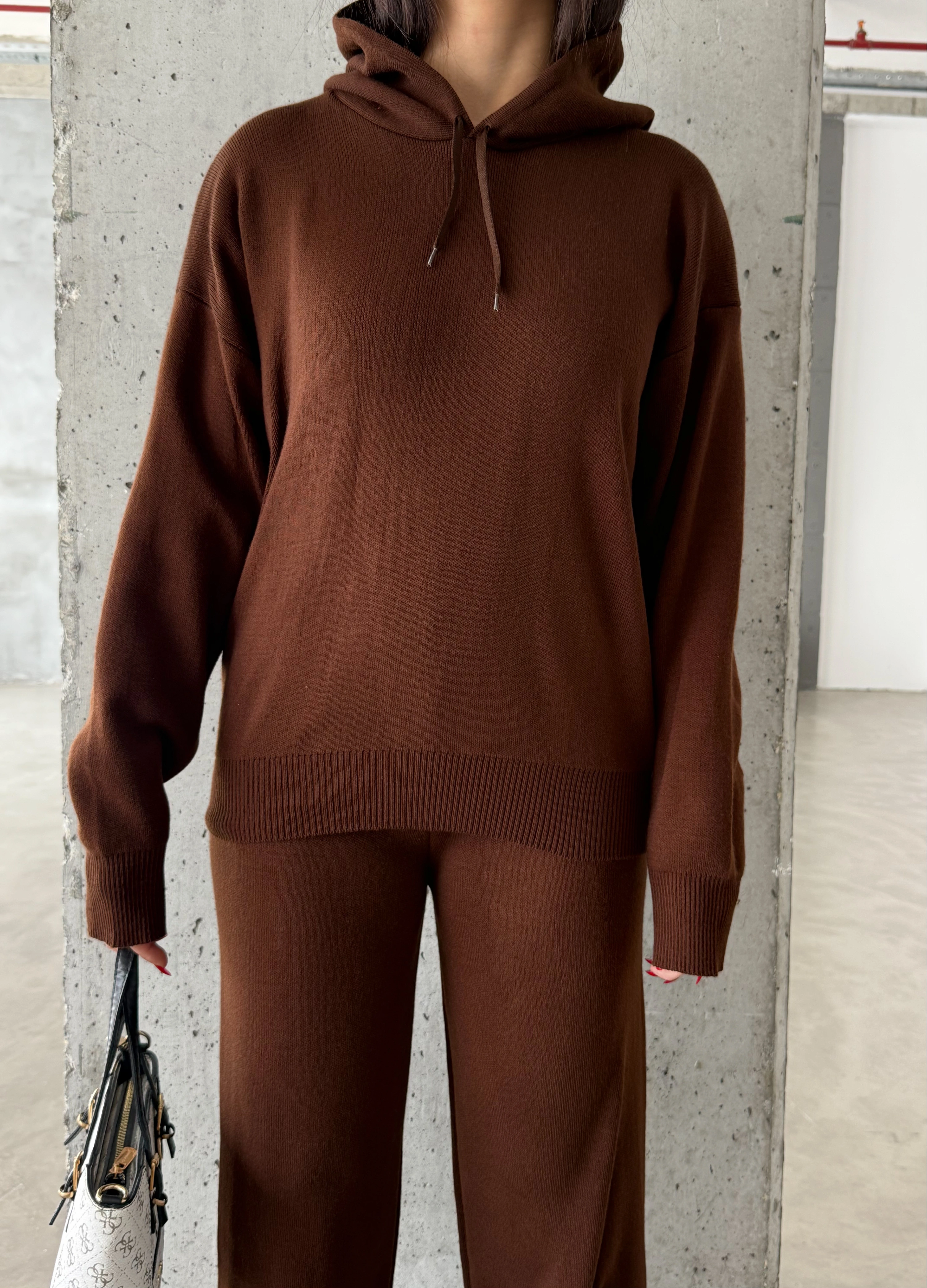 Pullaps Kapşonlu Triko Takım Kahve