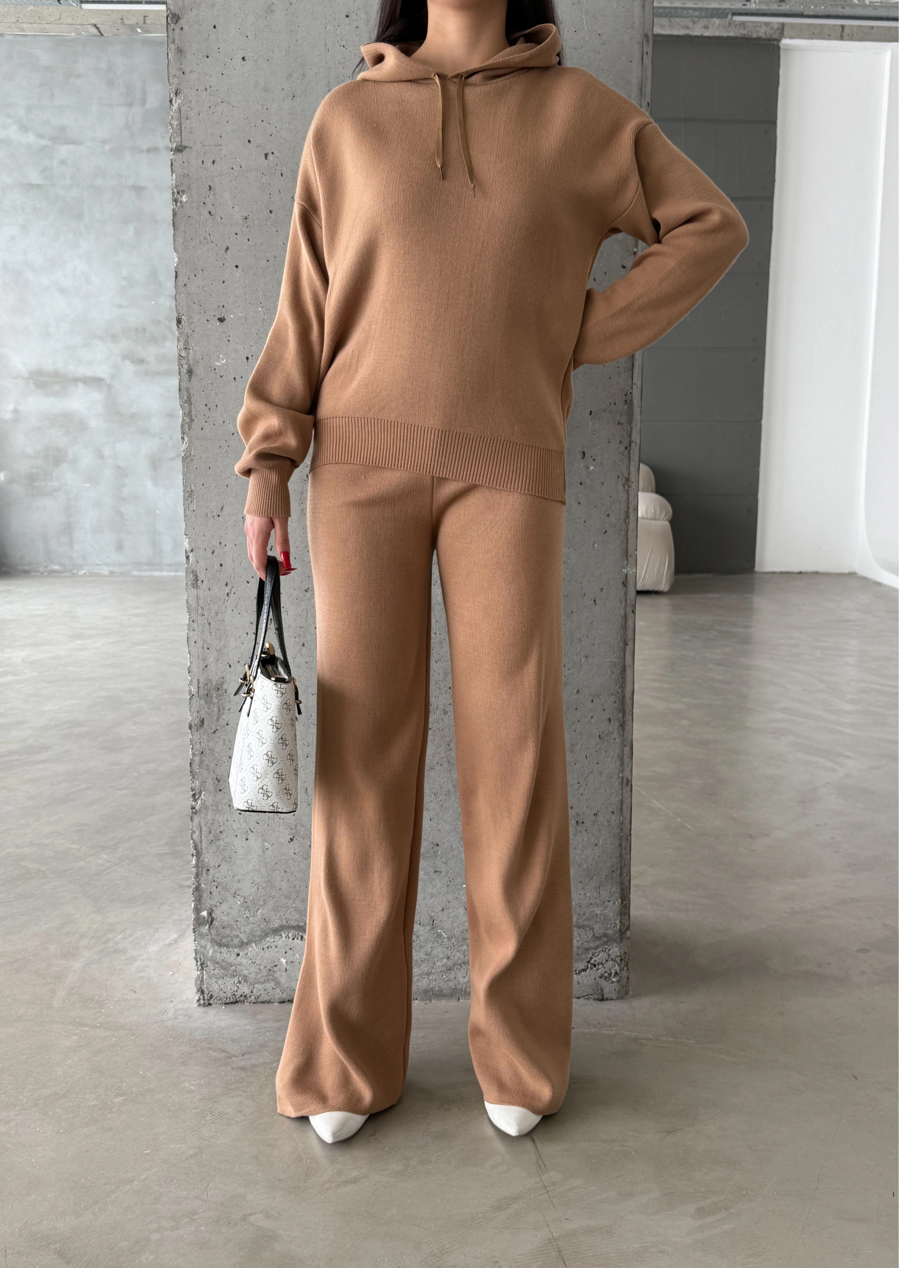 Pullaps Kapşonlu Triko Takım Vizon