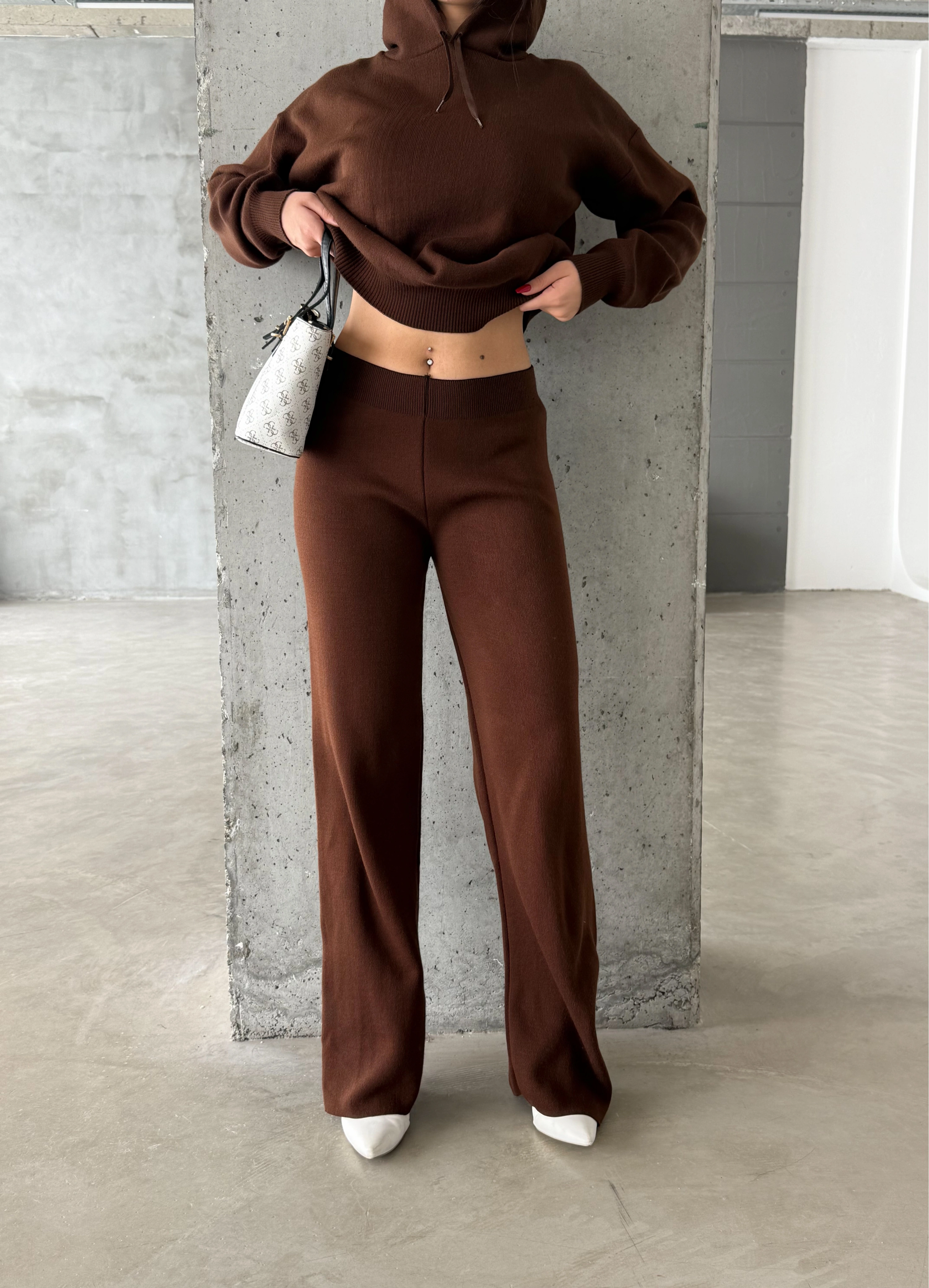 Pullaps Kapşonlu Triko Takım Kahve