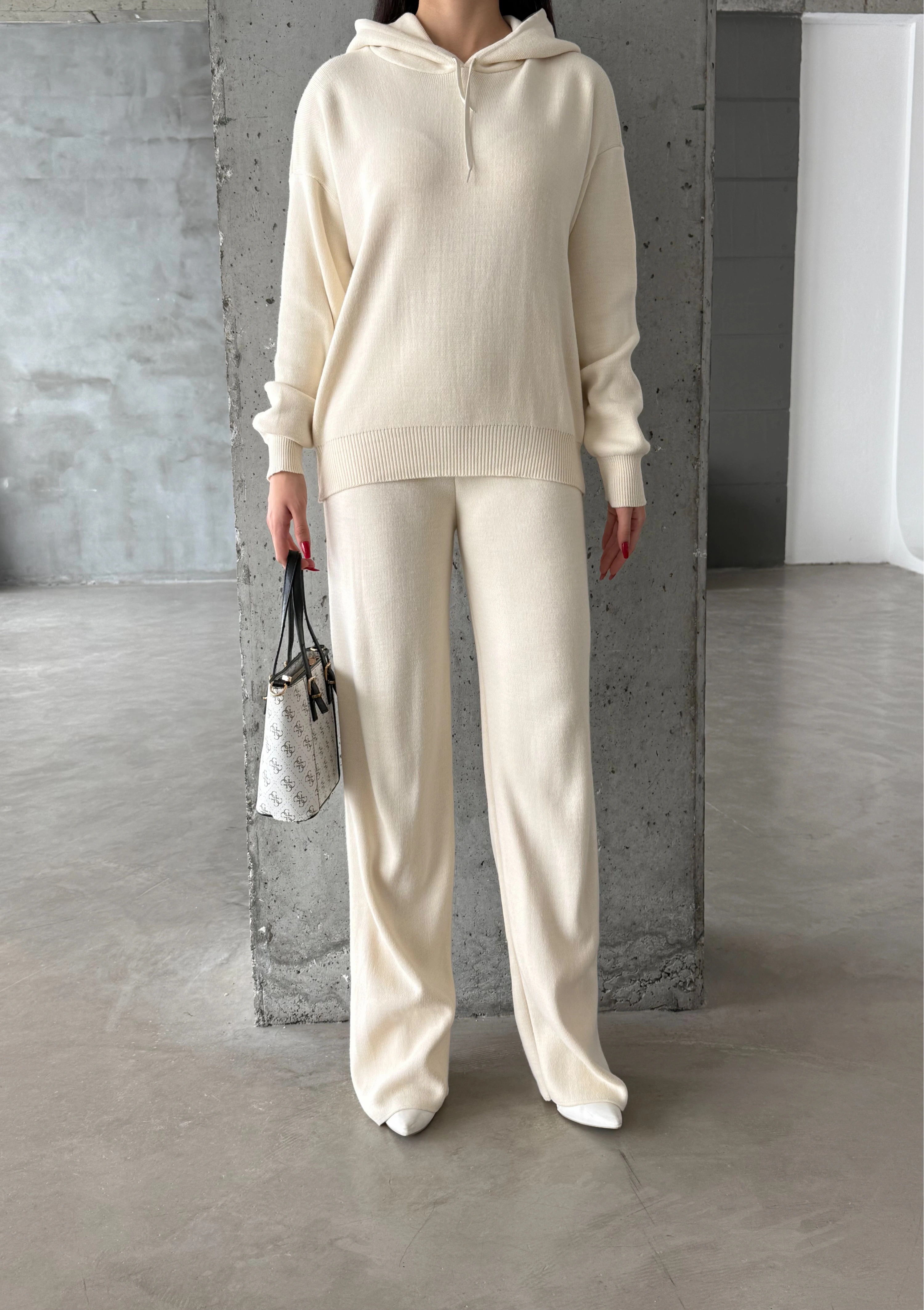 Pullaps Kapşonlu Triko Takım Krem