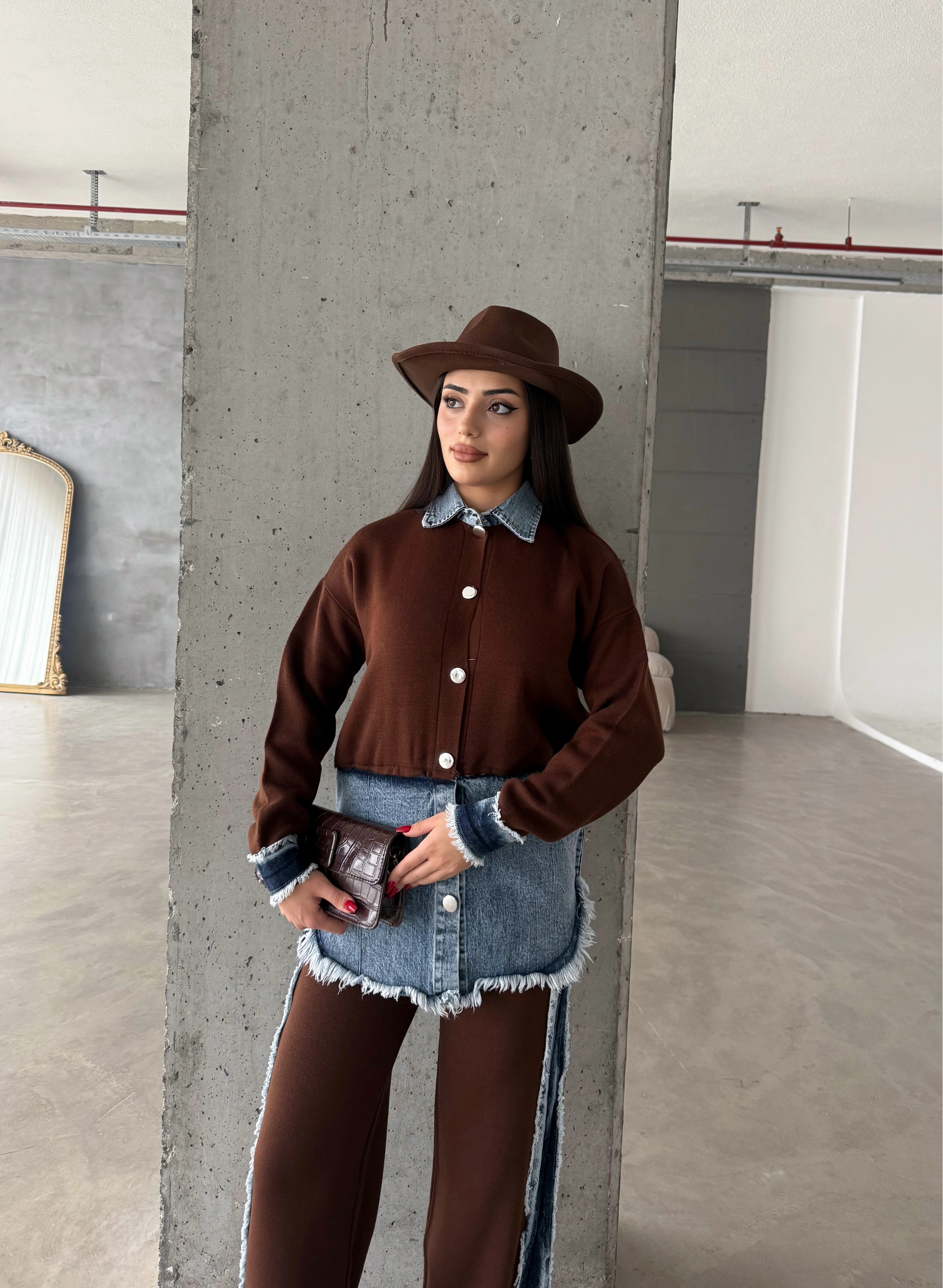 Pullaps Kot Garnili Pantolonlu Triko Takım Kahve