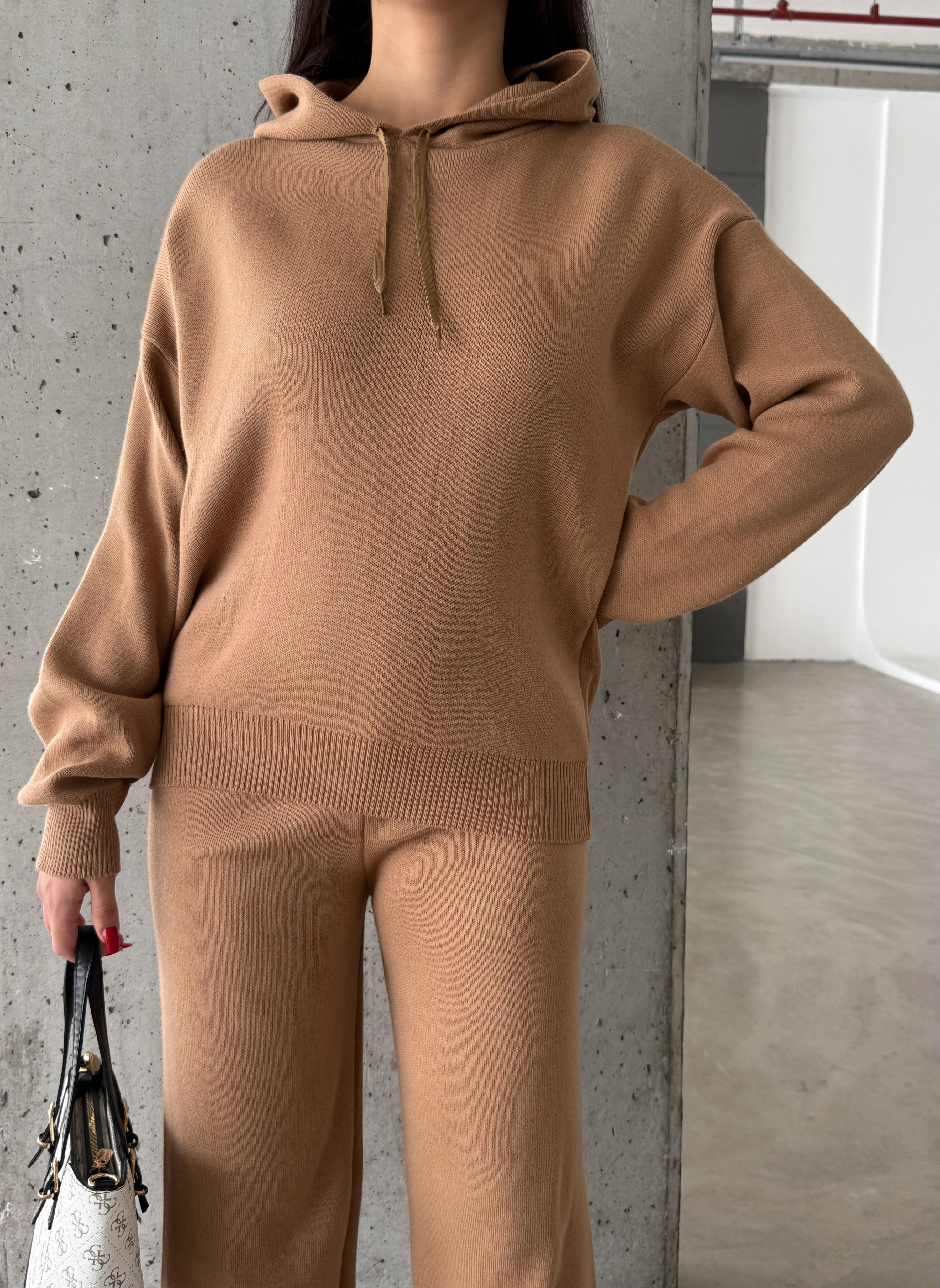 Pullaps Kapşonlu Triko Takım Vizon