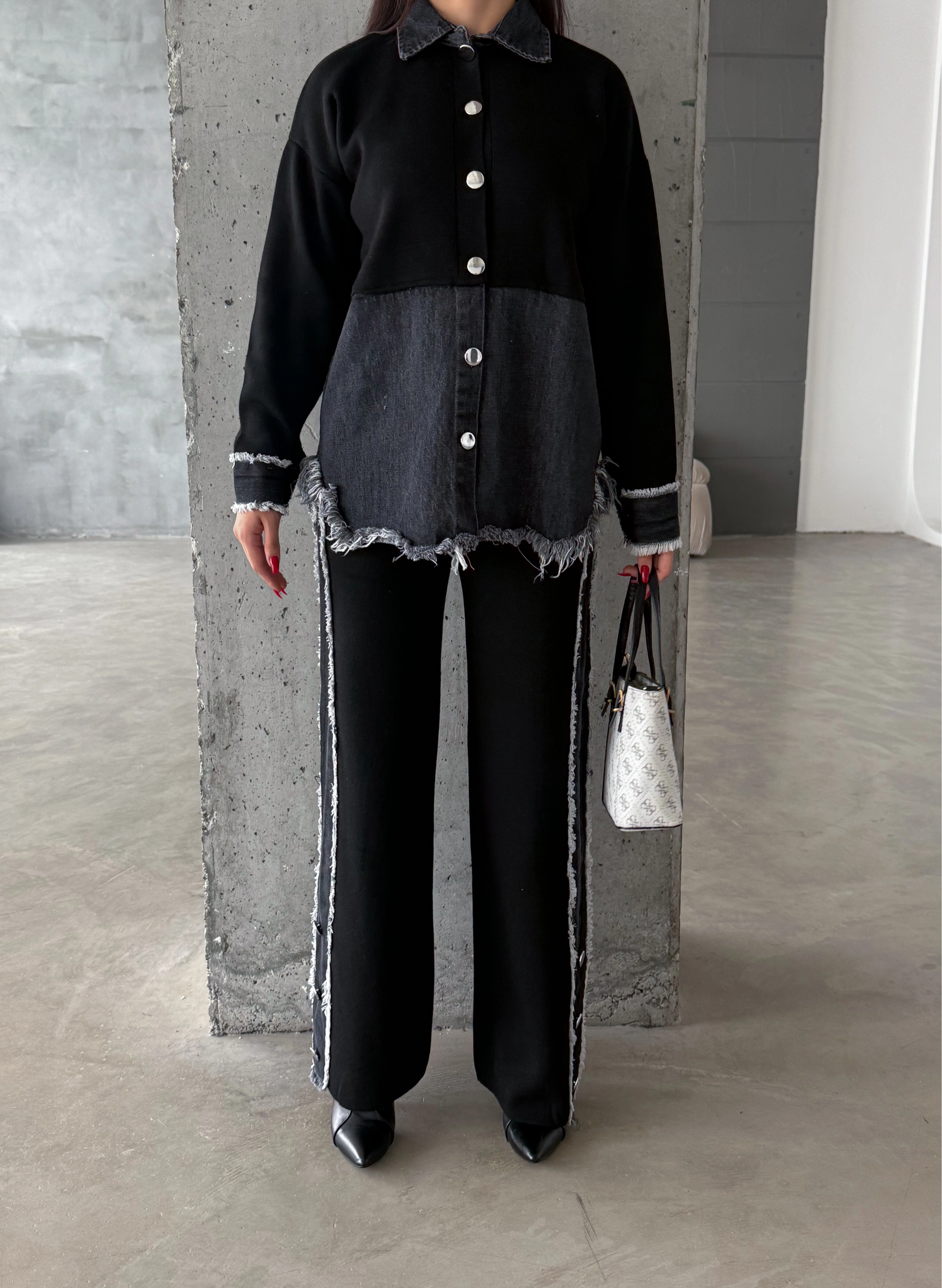 Pullaps Kot Garnili Pantolonlu Triko Takım Siyah