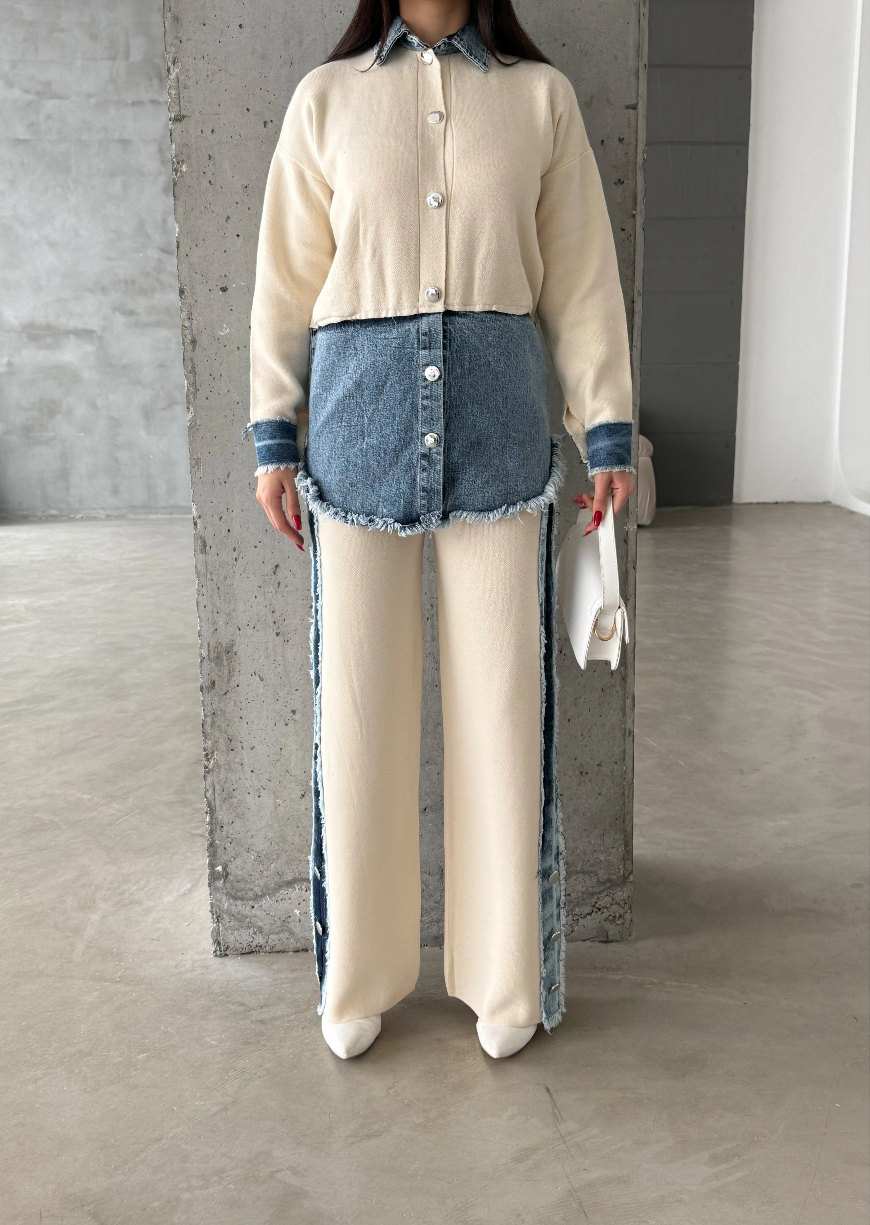 Pullaps Kot Garnili Pantolonlu Triko Takım Krem