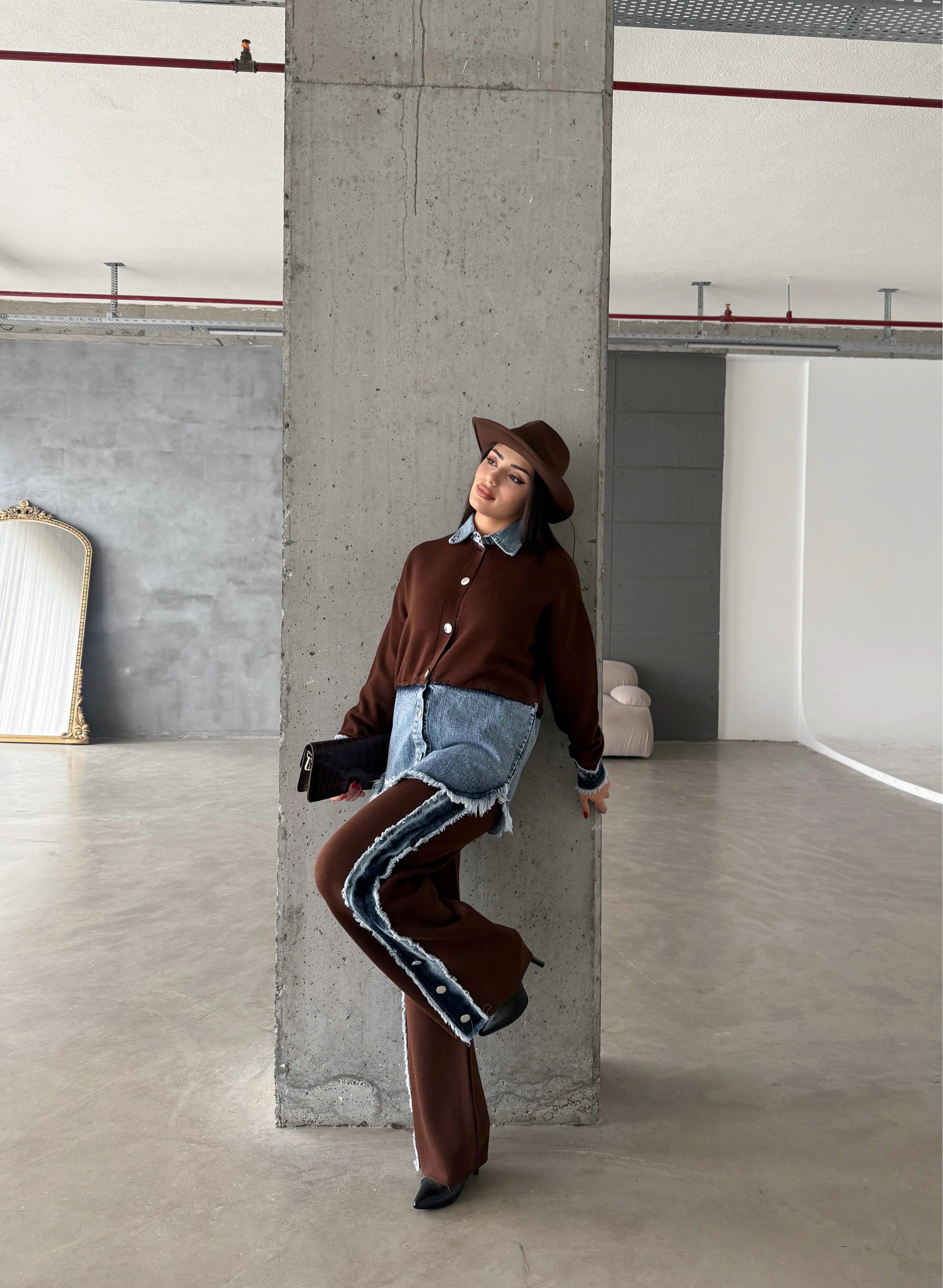 Pullaps Kot Garnili Pantolonlu Triko Takım Kahve