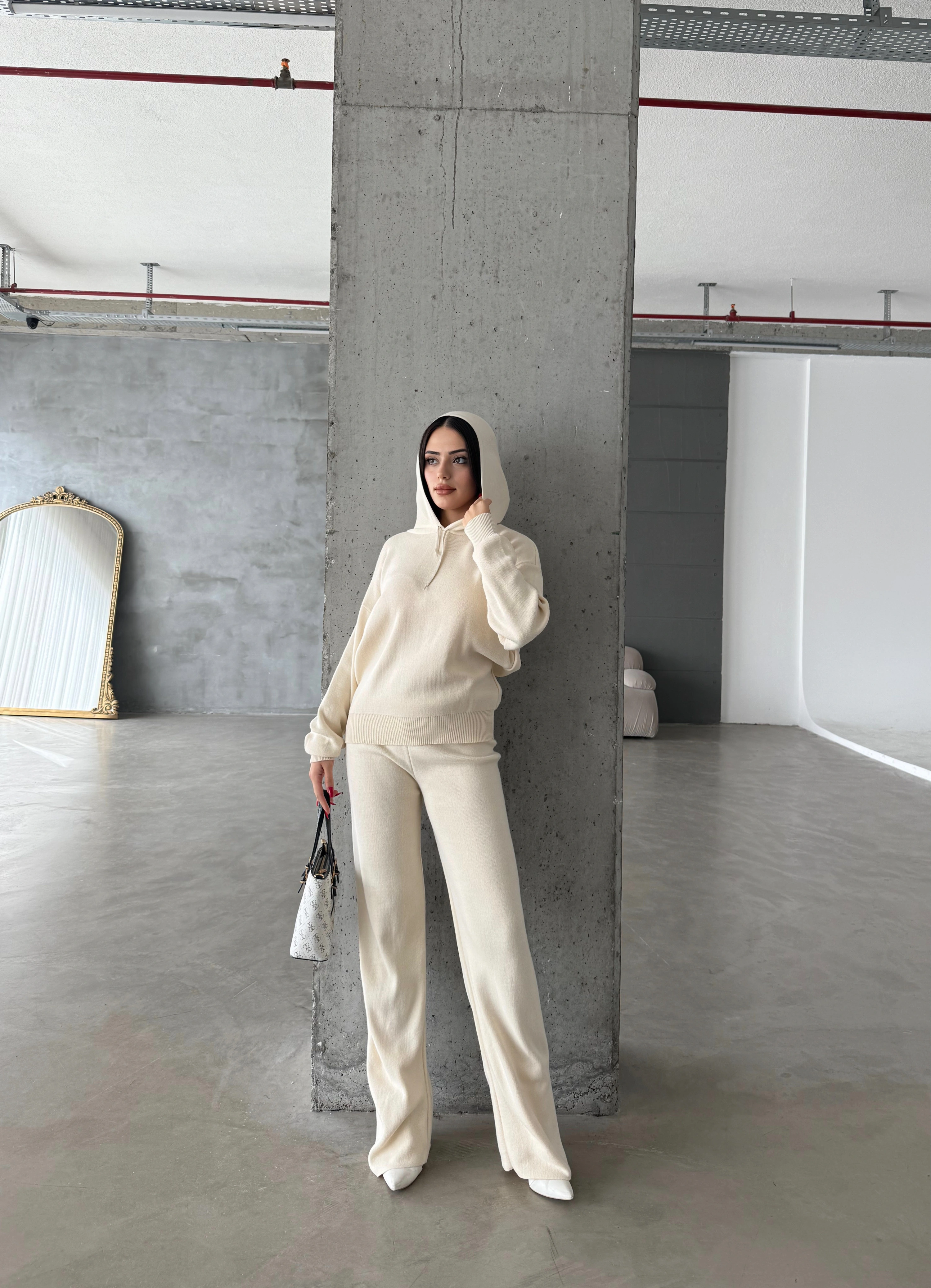 Pullaps Kapşonlu Triko Takım Krem