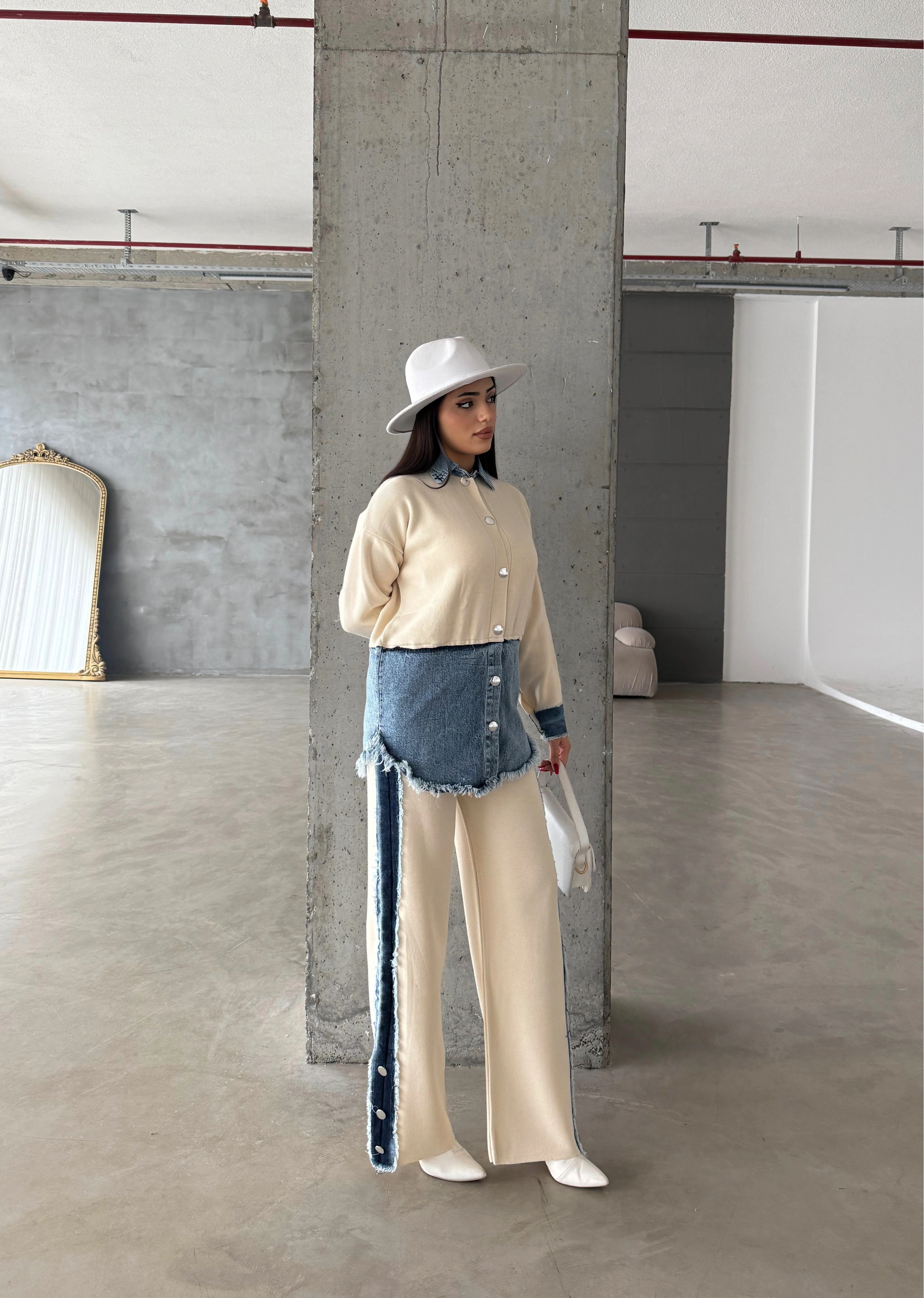 Pullaps Kot Garnili Pantolonlu Triko Takım Krem