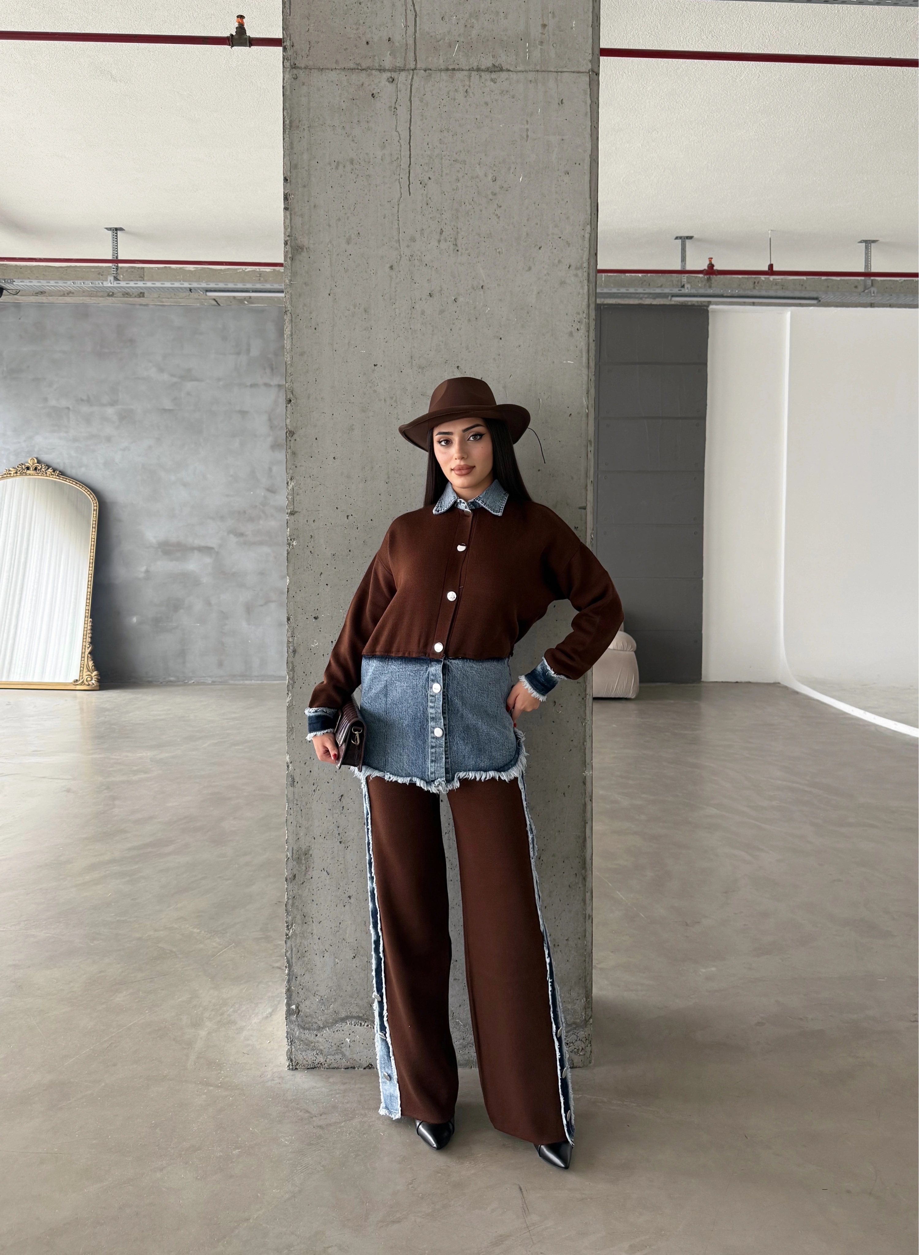 Pullaps Kot Garnili Pantolonlu Triko Takım Kahve