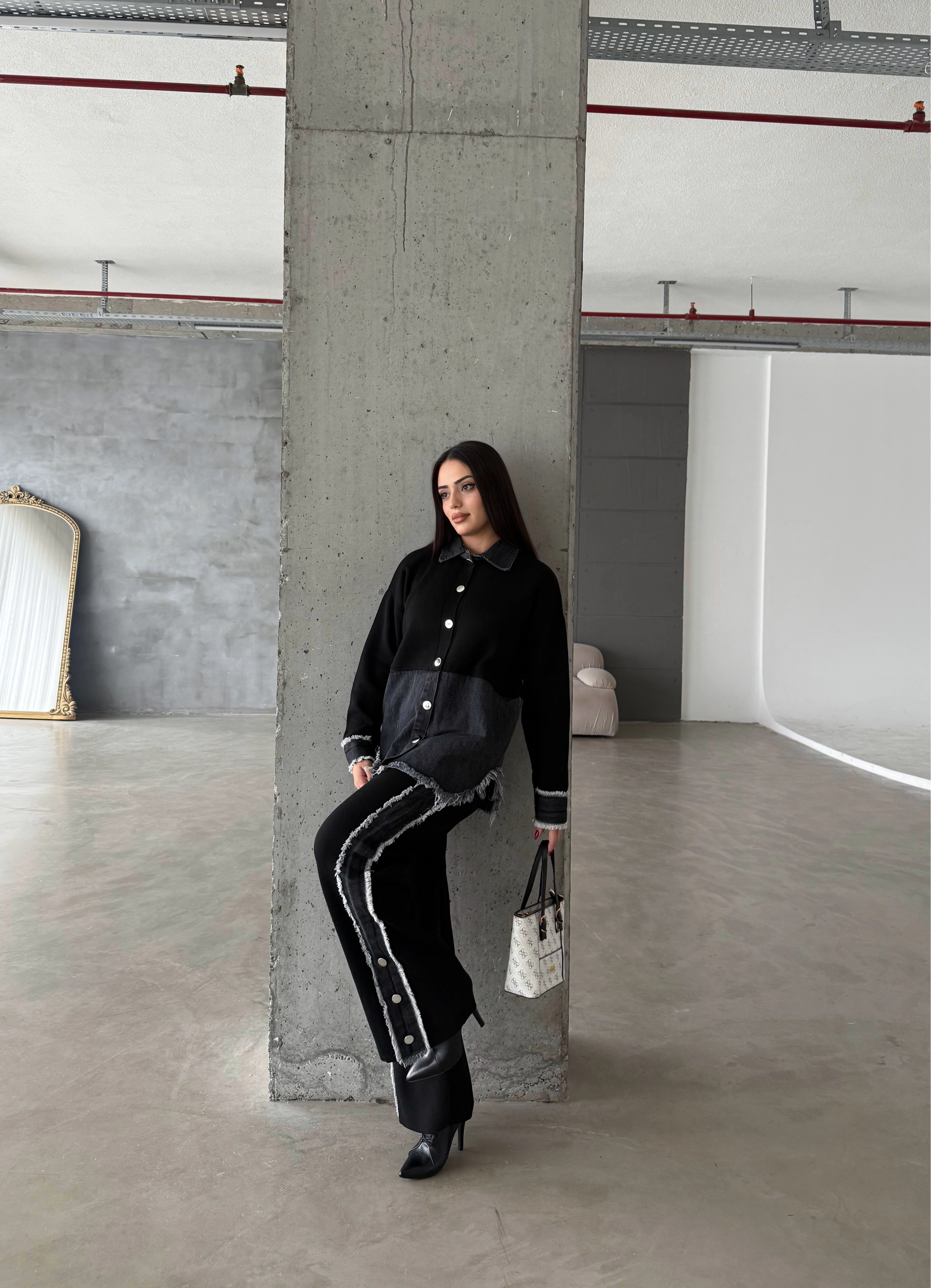 Pullaps Kot Garnili Pantolonlu Triko Takım Siyah