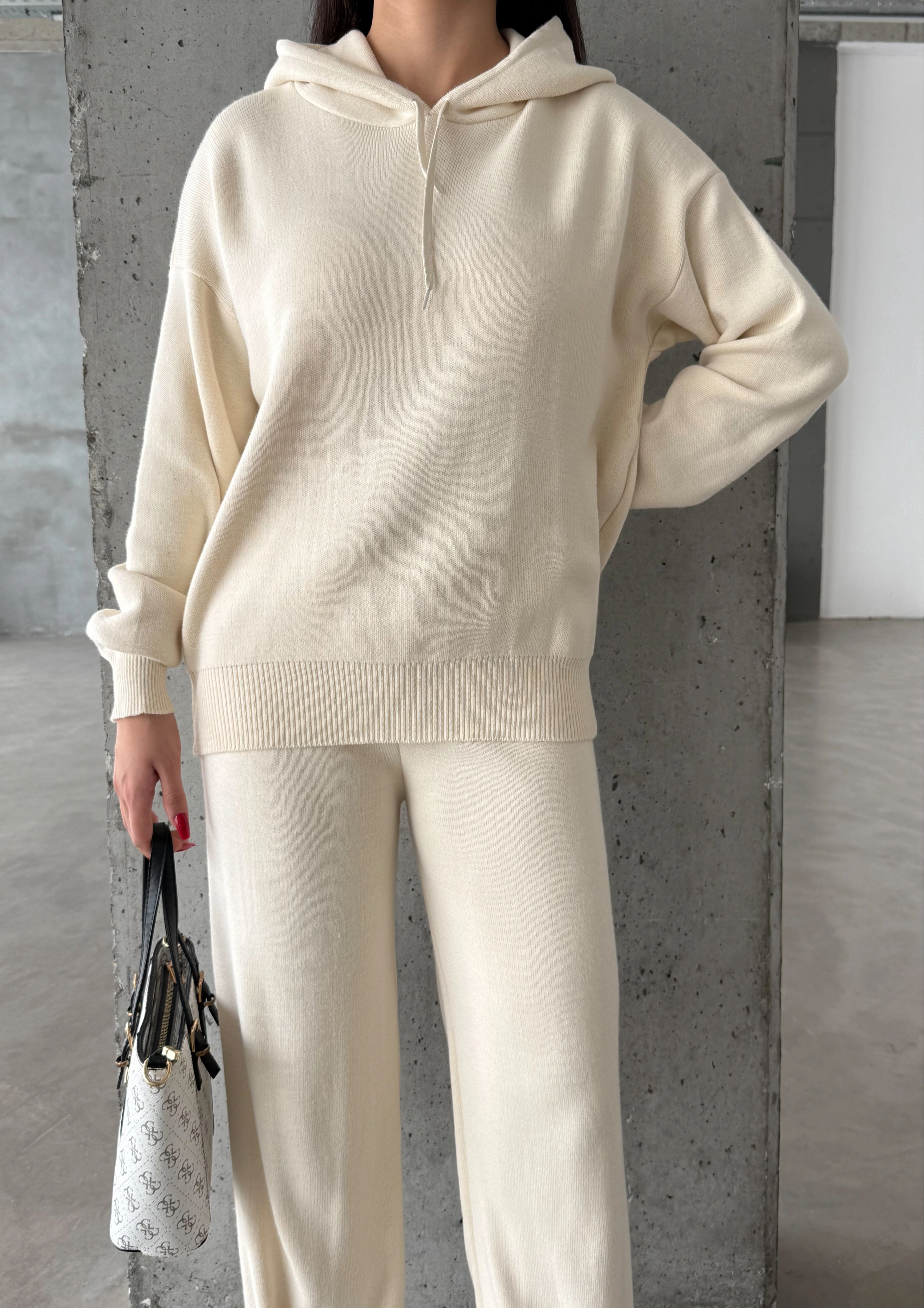 Pullaps Kapşonlu Triko Takım Krem
