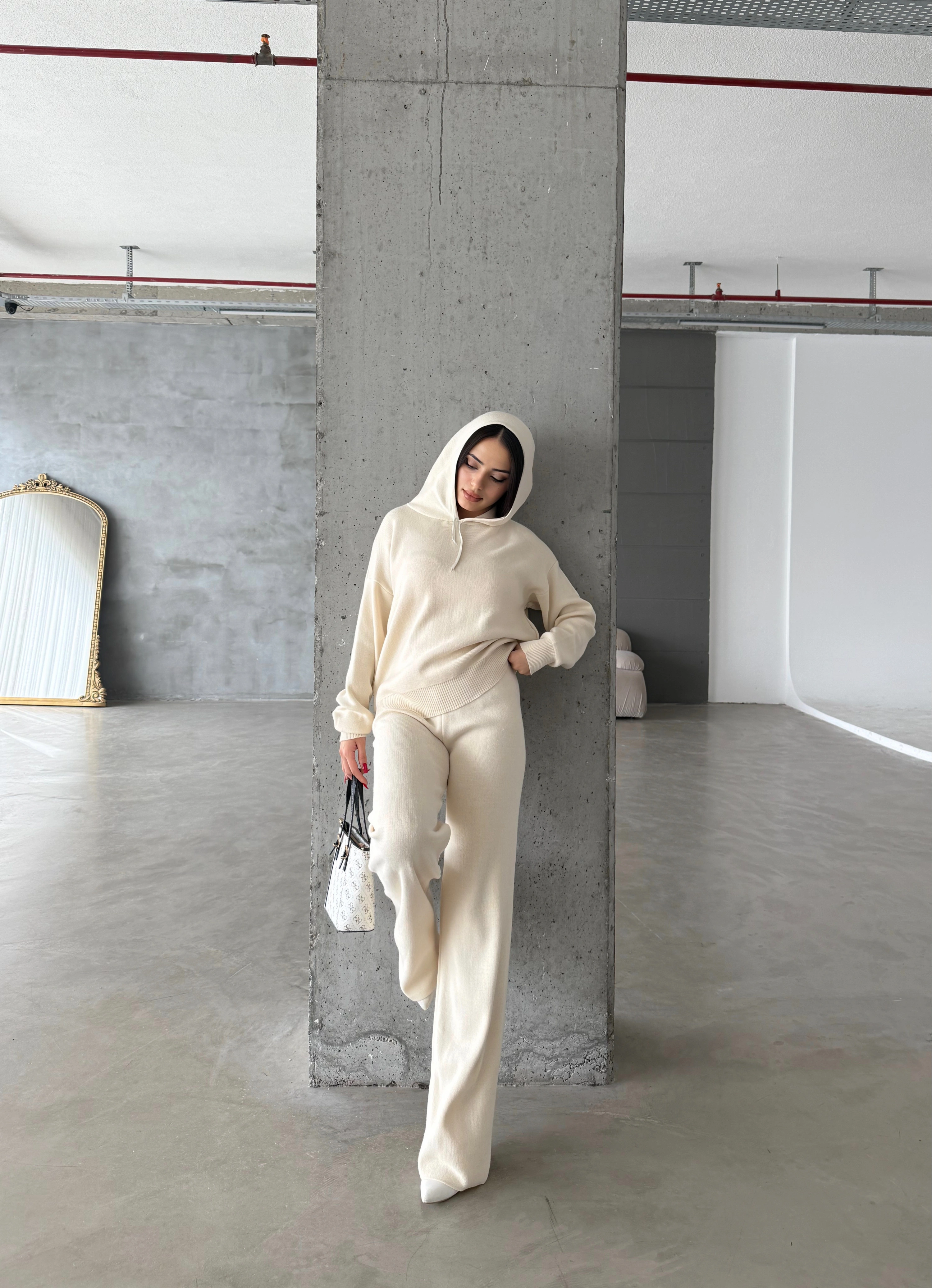 Pullaps Kapşonlu Triko Takım Krem