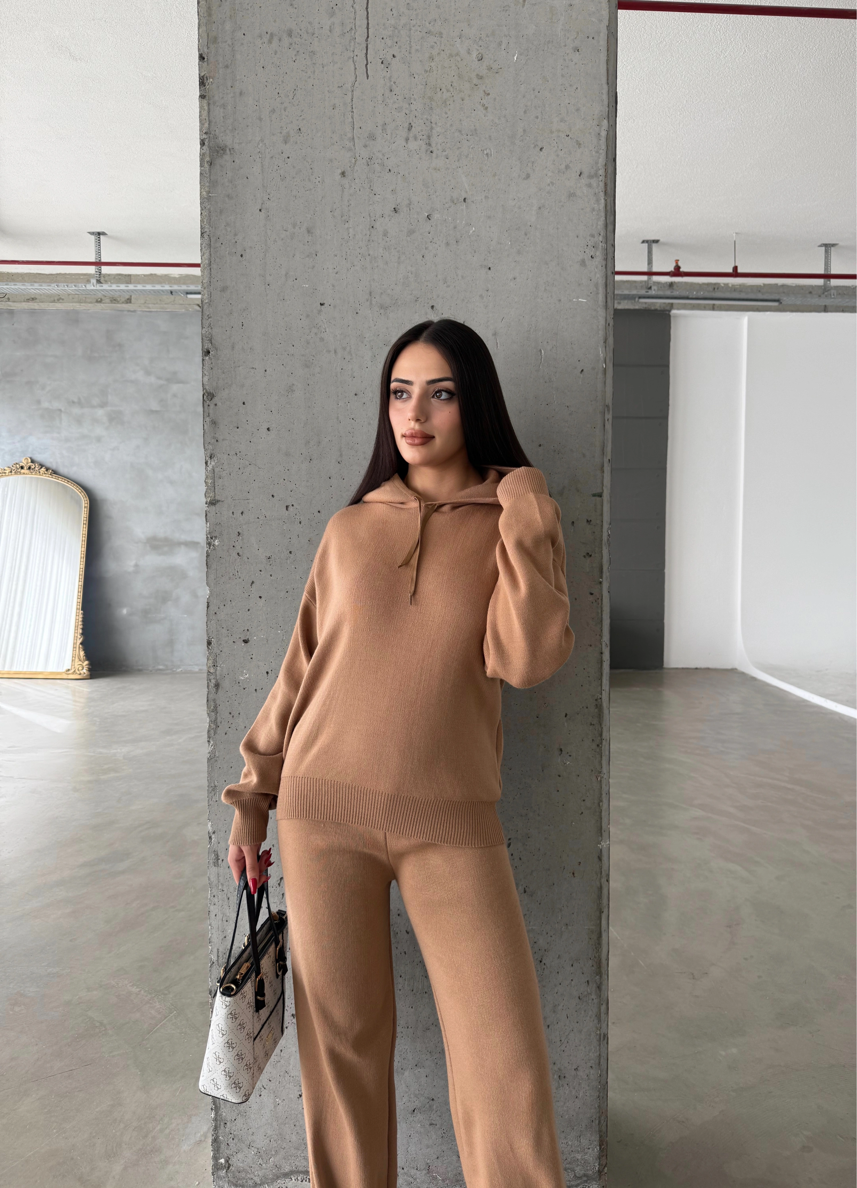 Pullaps Kapşonlu Triko Takım Vizon