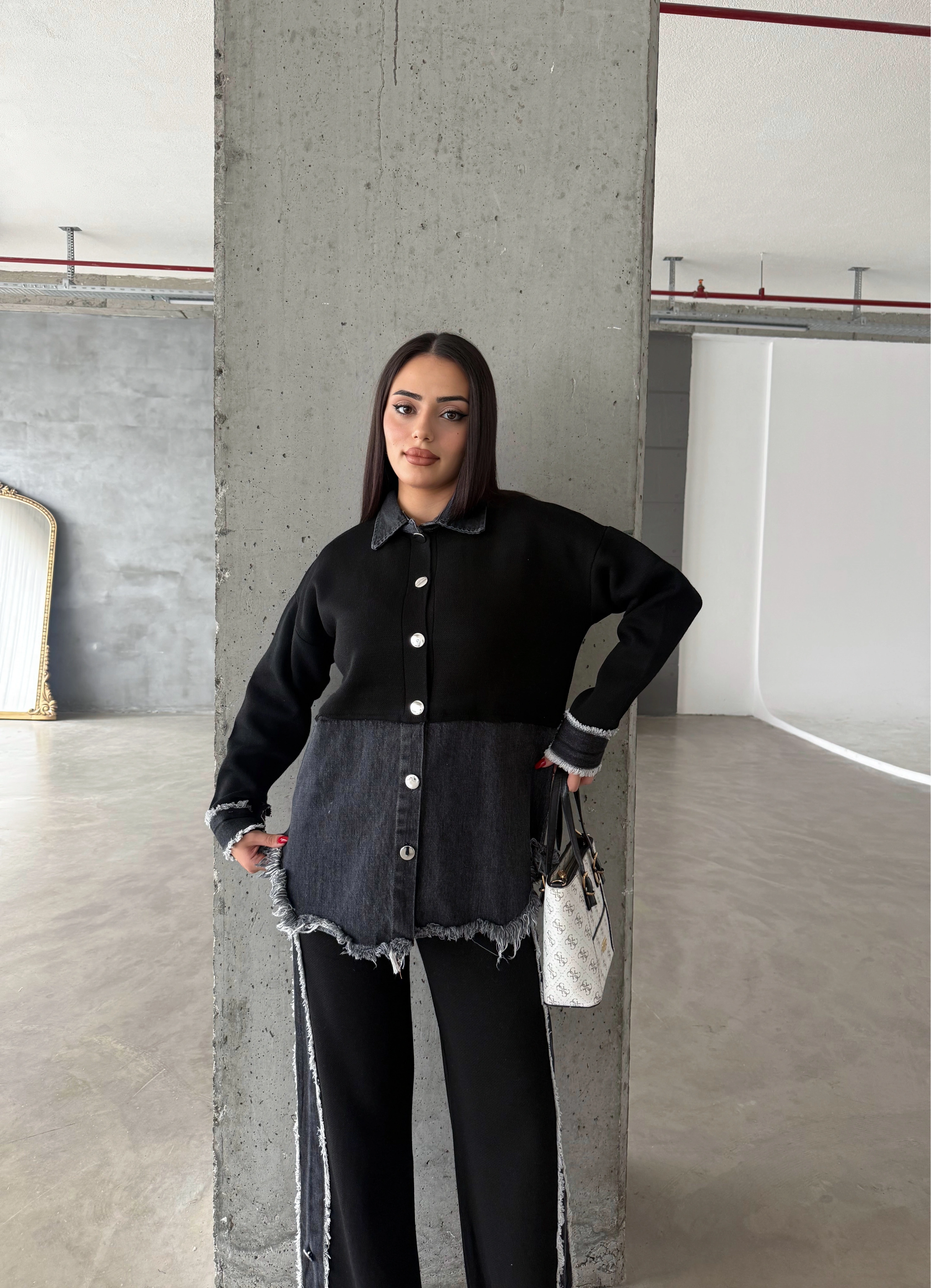 Pullaps Kot Garnili Pantolonlu Triko Takım Siyah