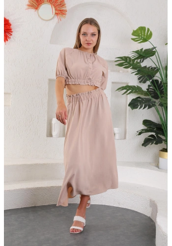 Arkası Düğmeli Beli Açık Lastikli Elbise