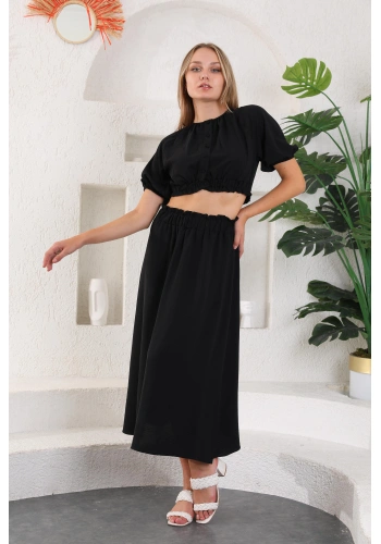 Arkası Düğmeli Beli Açık Lastikli Elbise