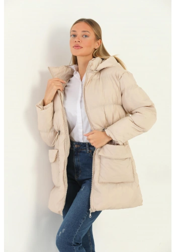 Kadın Kapşonlu Fermuarlı Şişme Mont Krem