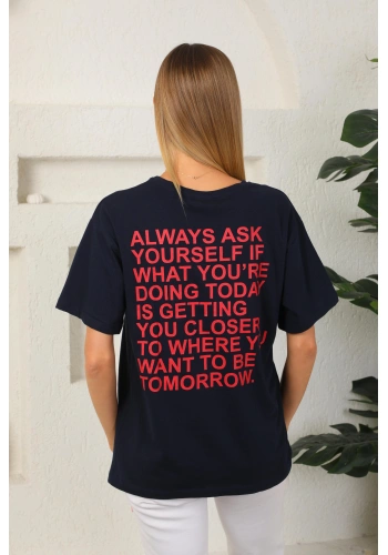 Lacivert Arkası Baskılı Oversize Tişört