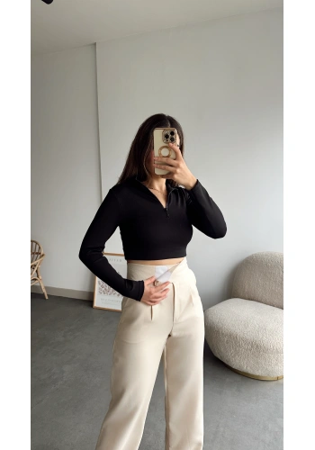 Pullaps Cırt Cırtlı İçten Düğmeli Palazzo Pantolon Krem