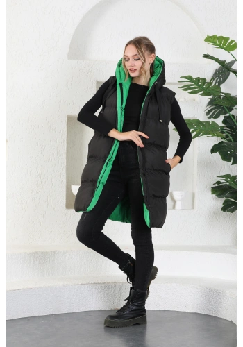 Pullaps Kadın Yeşil Siyah Kapüşonlu Çift Taraflı Uzun Şişme Yelek
