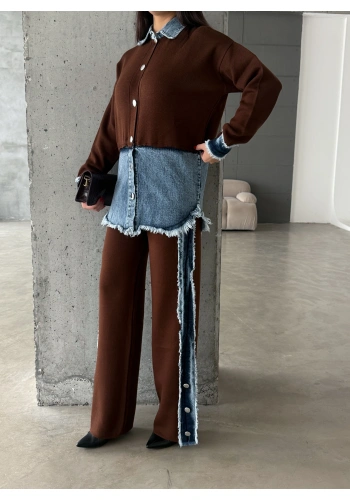 Pullaps Kot Garnili Pantolonlu Triko Takım Kahve