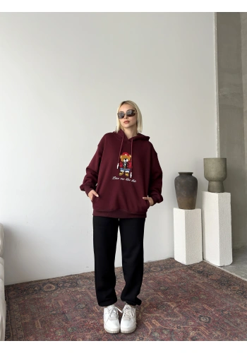 Pullaps Üç İplik Kapşonlu Cepli Sweat Bordo