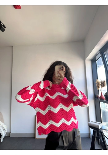 Pullaps Zikzak Çizgili Desenli Triko Kazak Pembe