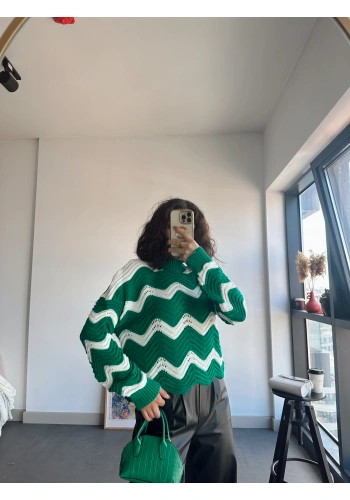 Pullaps Zikzak Çizgili Desenli Triko Kazak Yeşil