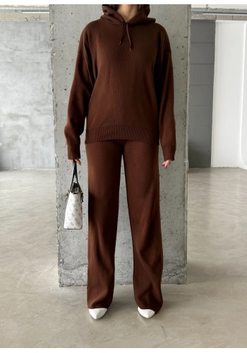 Pullaps Kapşonlu Triko Takım Kahve