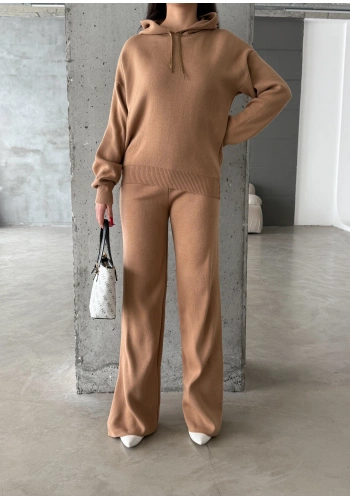 Pullaps Kapşonlu Triko Takım Vizon