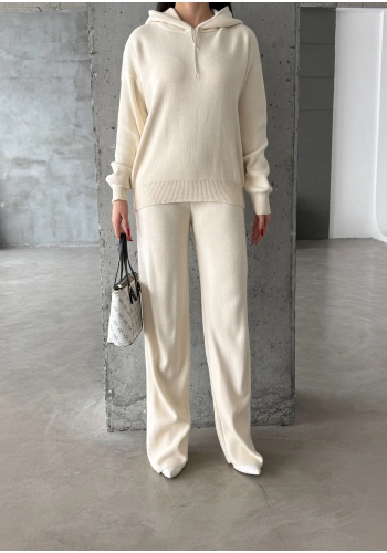 Pullaps Kapşonlu Triko Takım Krem