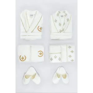 Ecocotton Aslışah Aile Bornoz Seti %100 Organik Pamuk Nakışlı Krem/Krem - M/L