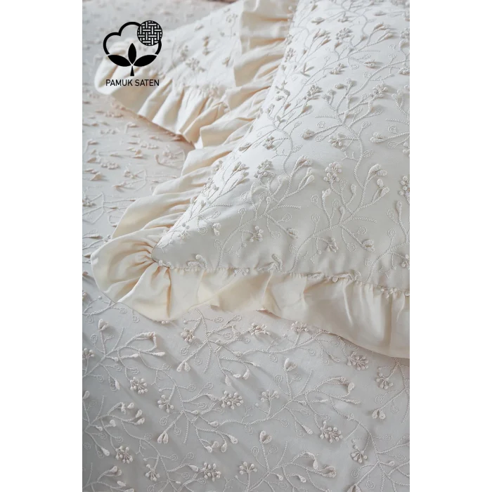 Nazik Home Celine İşlemeli Pamuk Saten Çift Kişilik 6 Parça Nevresim Takımı