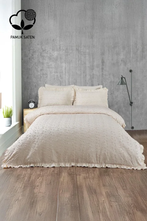 Nazik Home Celine İşlemeli Pamuk Saten Çift Kişilik 6 Parça Nevresim Takımı
