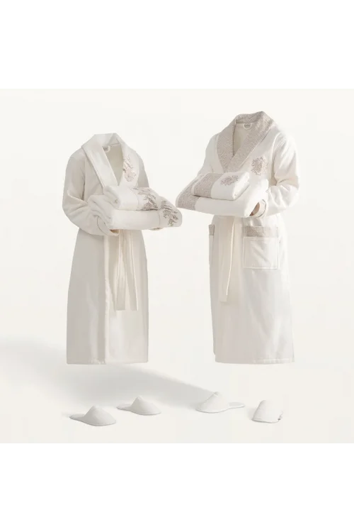 Ecocotton Vanya Aile Bornoz Seti Organik Pamuk Krem-Krem M/L